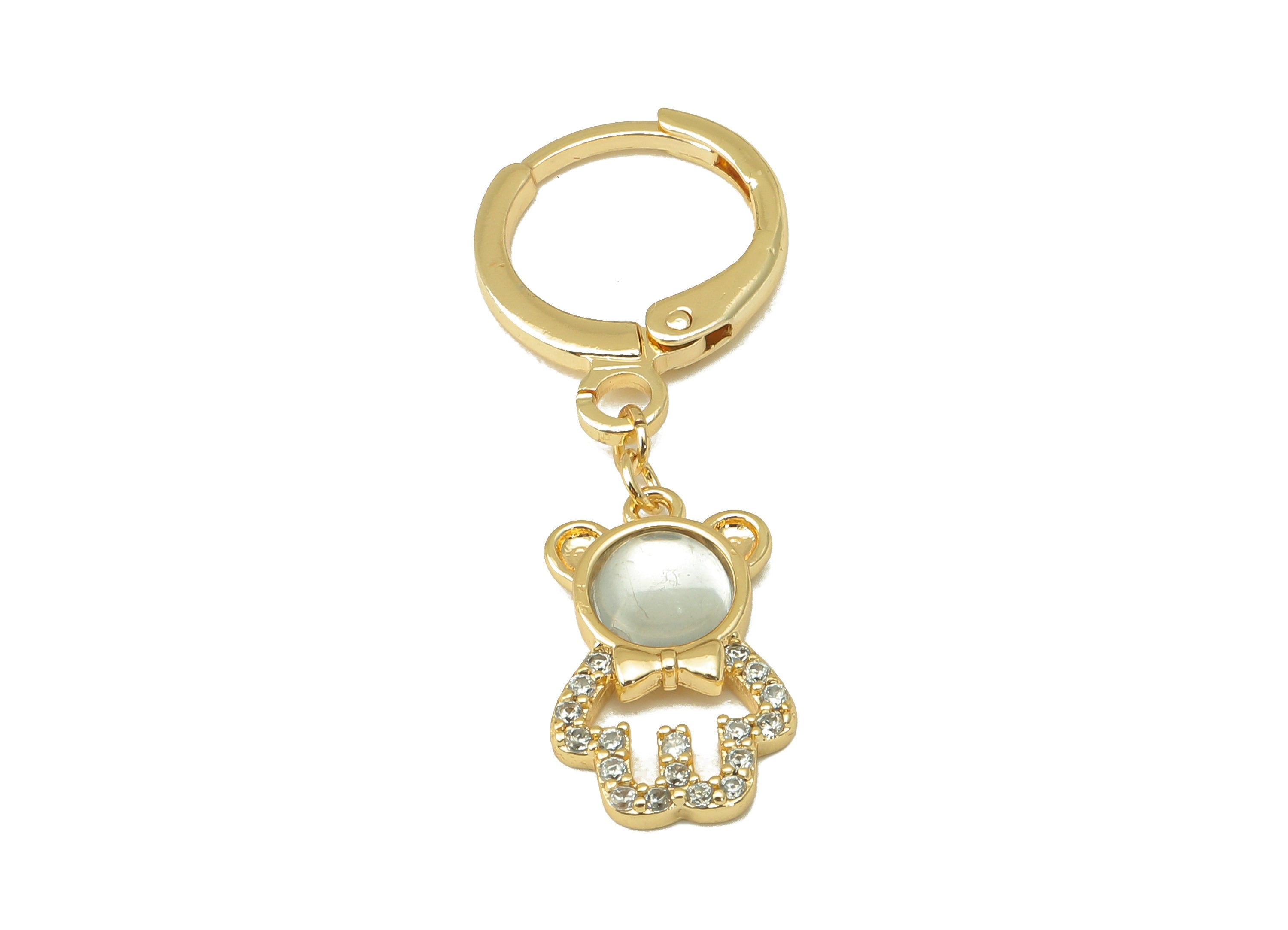 Brass Bear Earring Clasp - Brass Animal with Cubic Zirconia Hoop - CZ Huggie Earring- 18K Real Gold Plating - 30.56x 11.33mx 1.7mm - RGP6039 - DOMEDBAZAAR