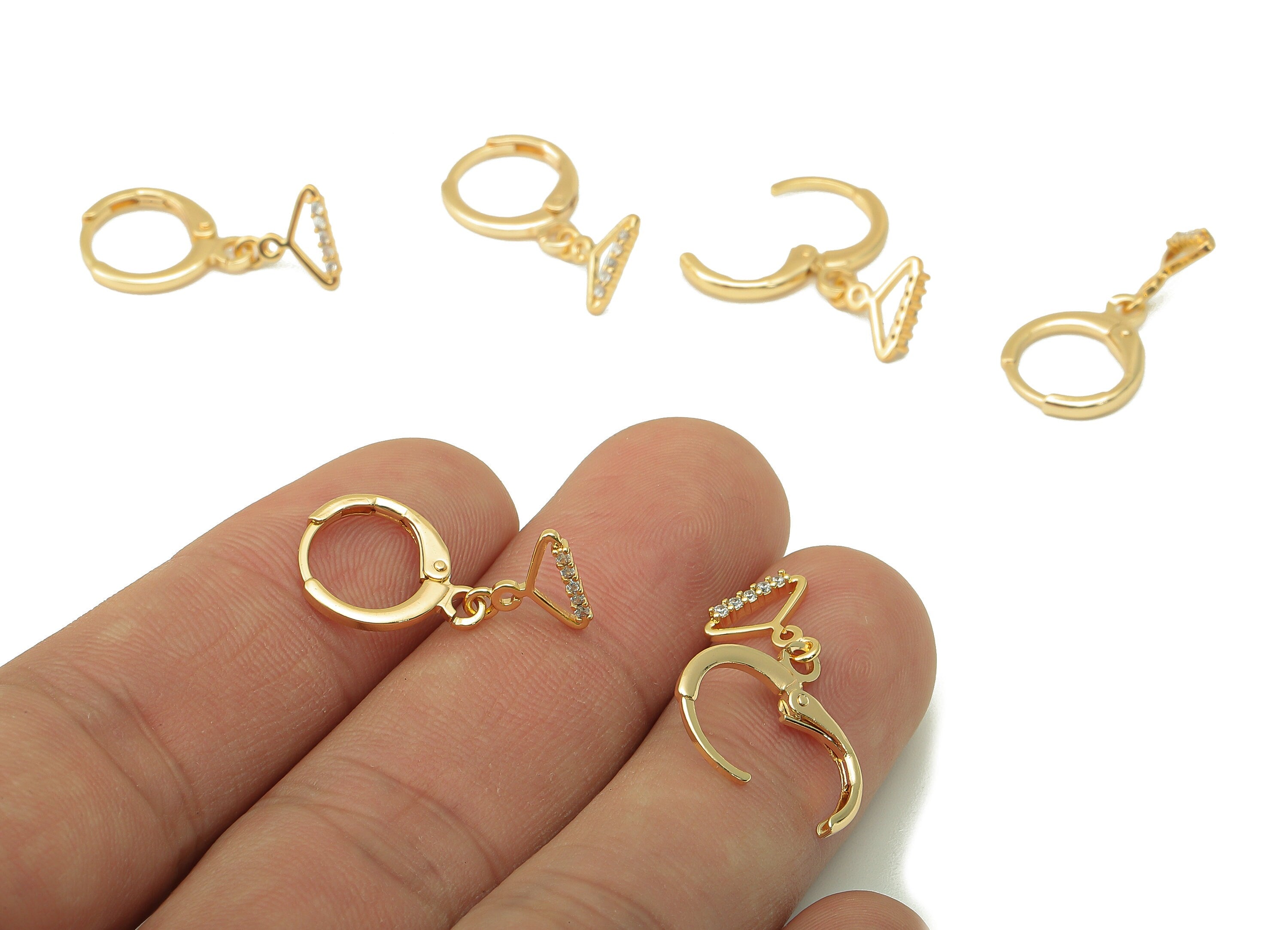 Brass Earring Clasp - Brass Coat Hanger with Cubic Zirconia Hoop - CZ Huggie Earring - 18K Real Gold Plating - 22.26x 11.08x1.73mm - RGP6043 - DOMEDBAZAAR