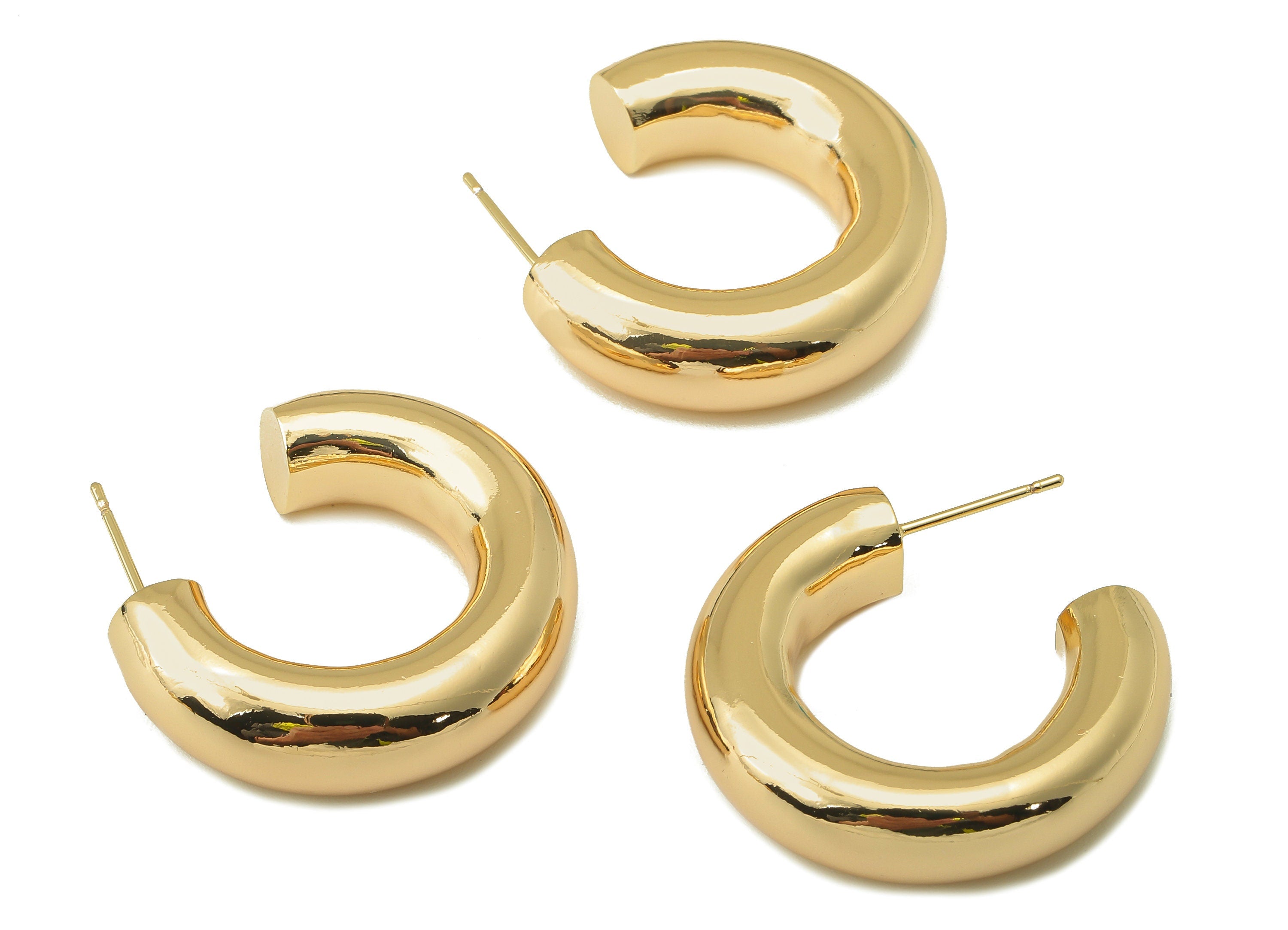 Brass C Hoop Stud Earring - Brass Round Earring Stud - Thick Open Hoop Earring Post - 18K Real Gold Plating - 29.82x 28.01x 7.39mm - RGP6055 - DOMEDBAZAAR