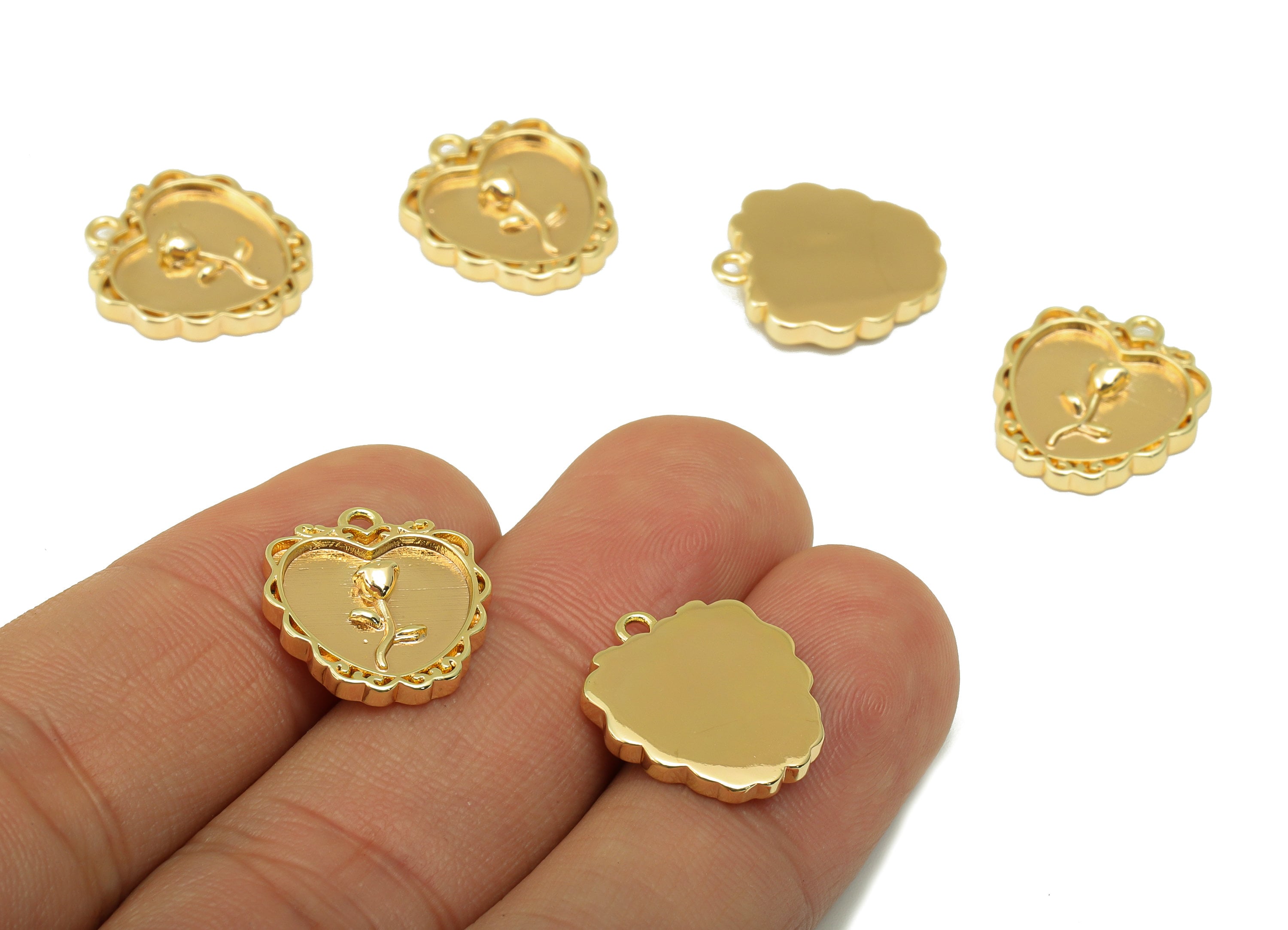Brass Heart Earring Charm - Brass Rose Pendant - Lace Flower Charm - For Necklace - 18k Gold Plated - 16.72x 14.89x 2.78mm - RGP6222 - DOMEDBAZAAR