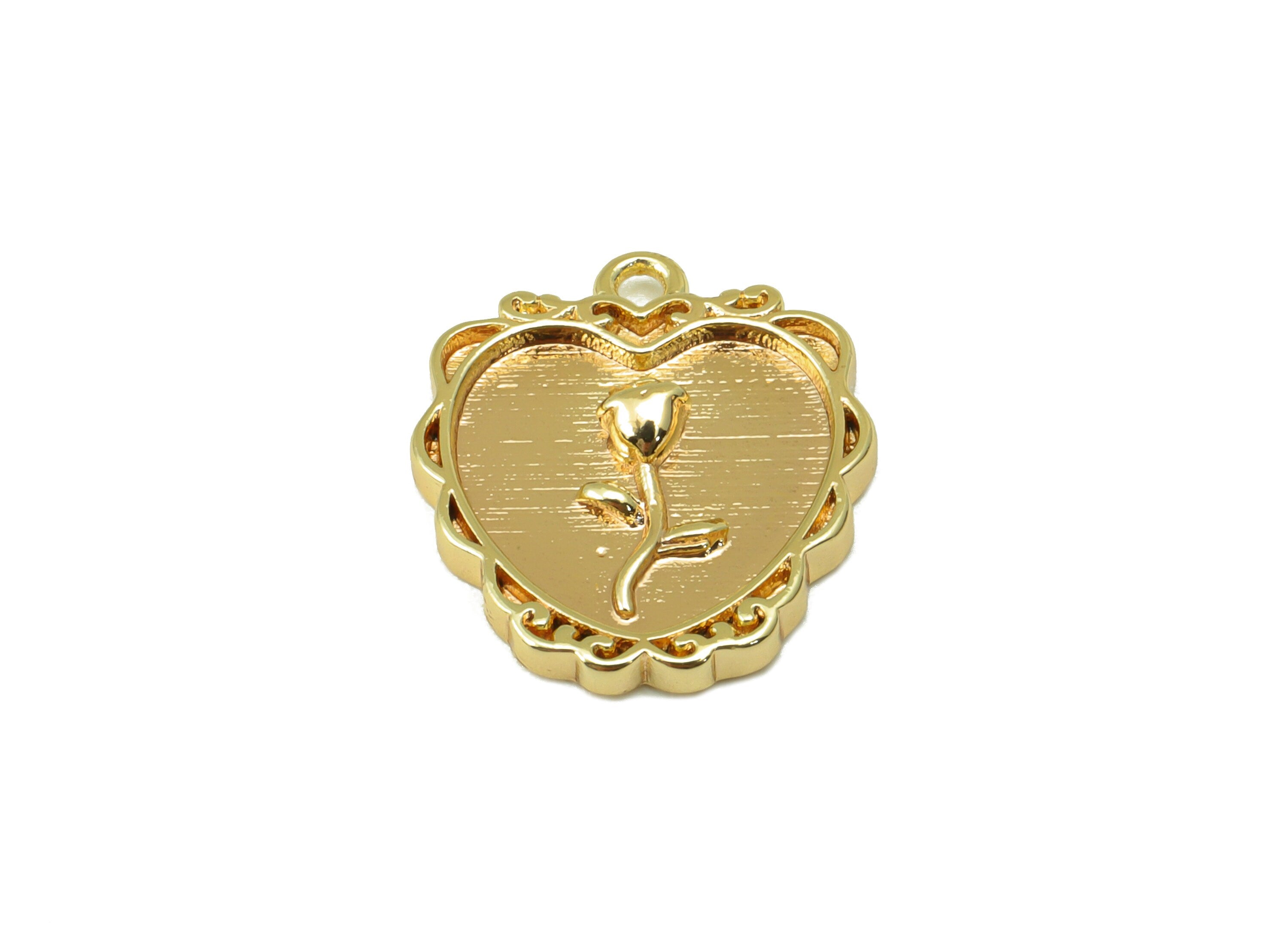 Brass Heart Earring Charm - Brass Rose Pendant - Lace Flower Charm - For Necklace - 18k Gold Plated - 16.72x 14.89x 2.78mm - RGP6222 - DOMEDBAZAAR