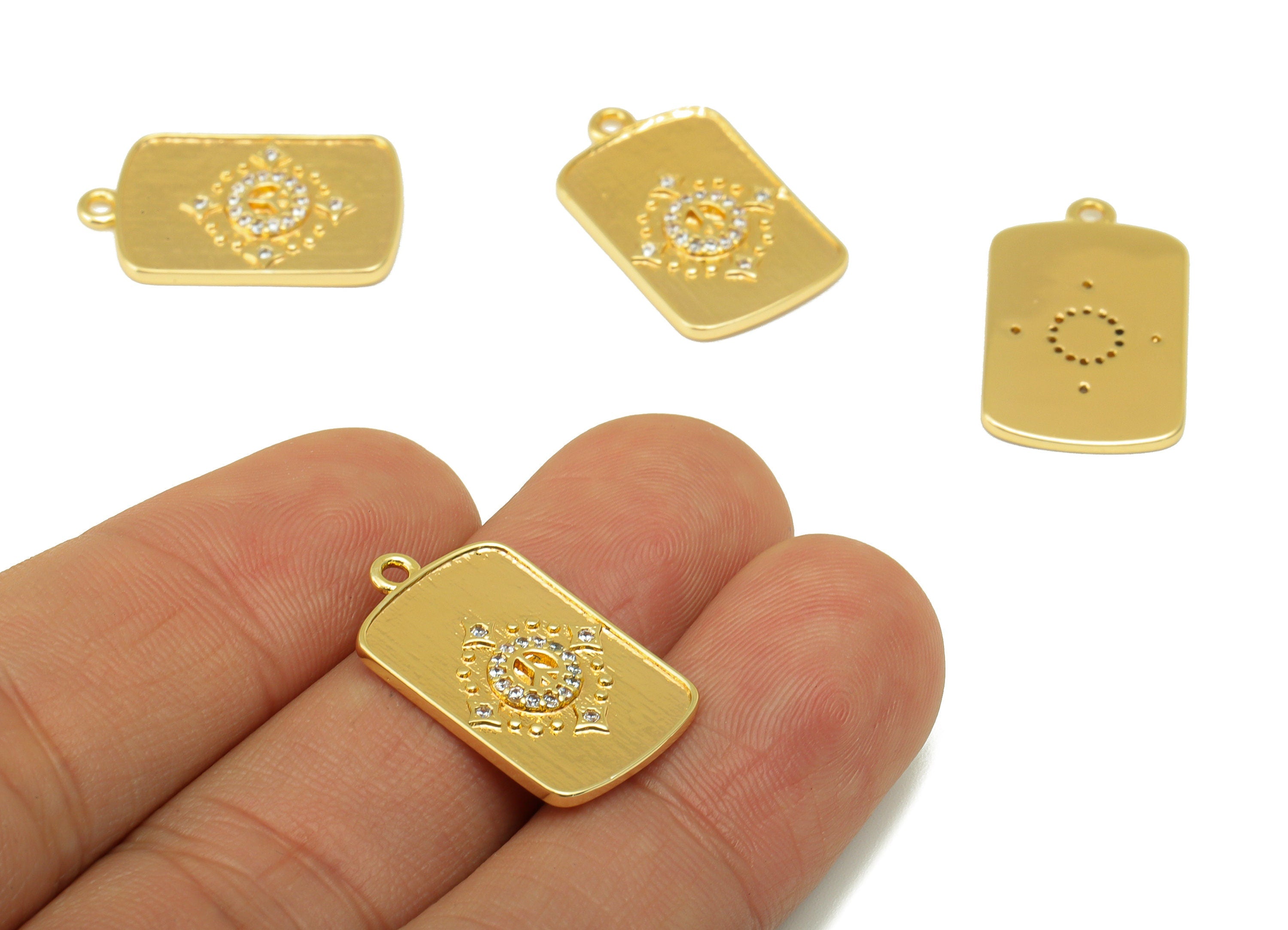 Brass Rectangle Earring Charm - Brass CZ Textured Star Pendant - Cubic Zirconia Charm - For Necklace - 18k Gold Plated - 23x14x2mm- RGP6226 - DOMEDBAZAAR