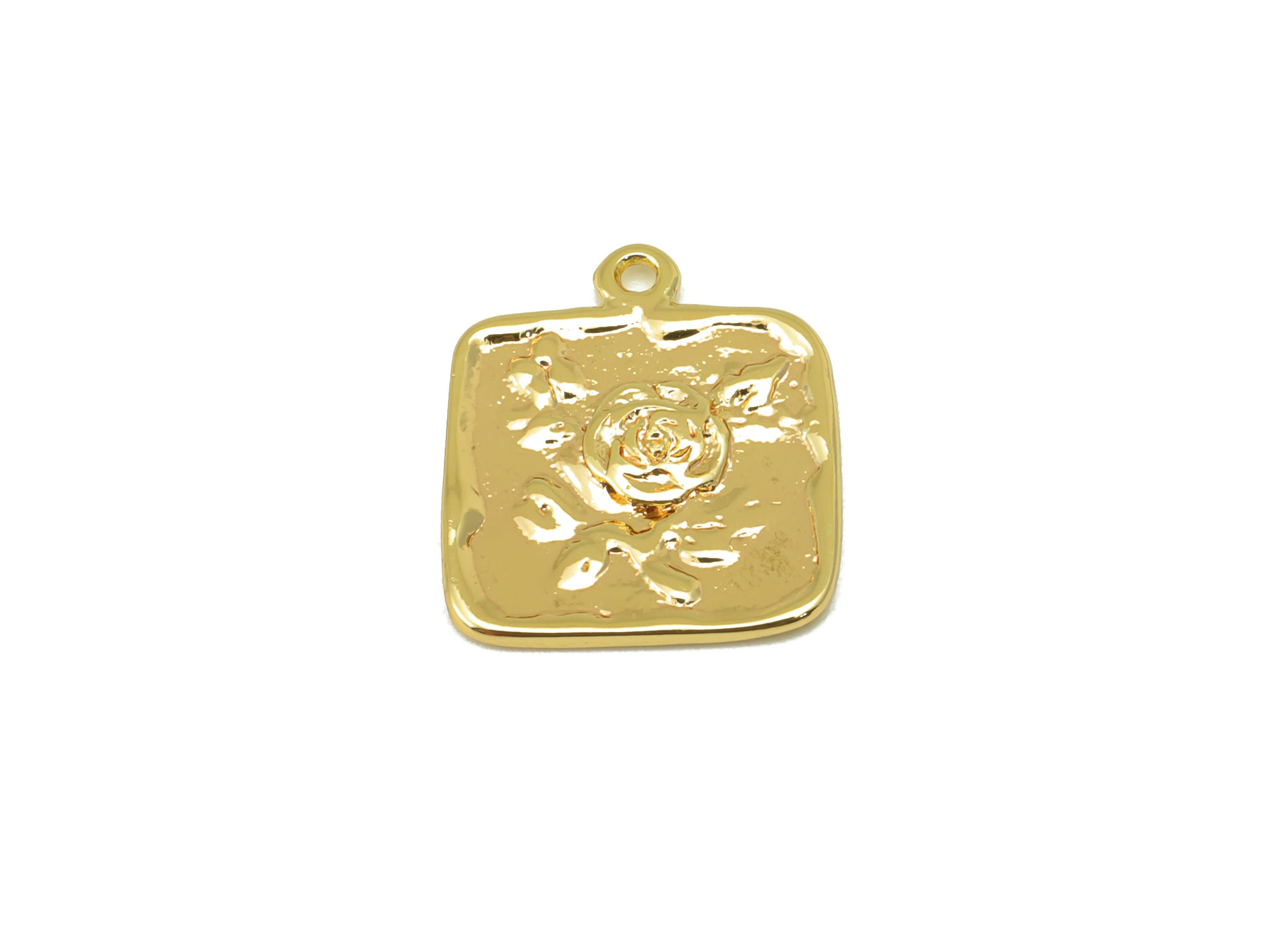 Brass Rose Earrings Charm - Hammered Flower Pendant - Botanical Earring Charm - For Necklace - 18k Gold Plated -16.27x 13.79x1.55mm- RGP6231 - DOMEDBAZAAR