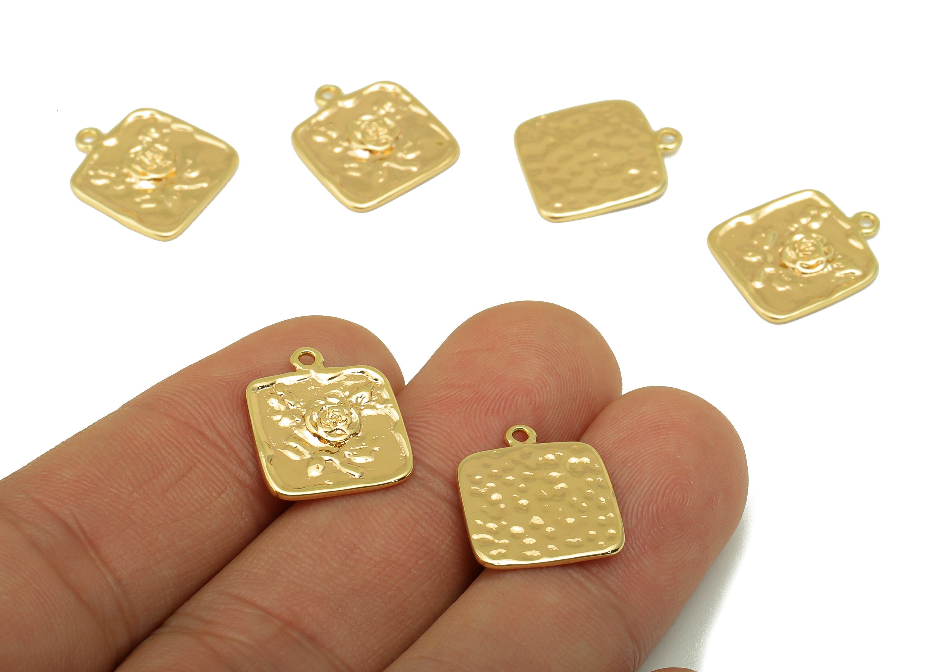 Brass Rose Earrings Charm - Hammered Flower Pendant - Botanical Earring Charm - For Necklace - 18k Gold Plated -16.27x 13.79x1.55mm- RGP6231 - DOMEDBAZAAR