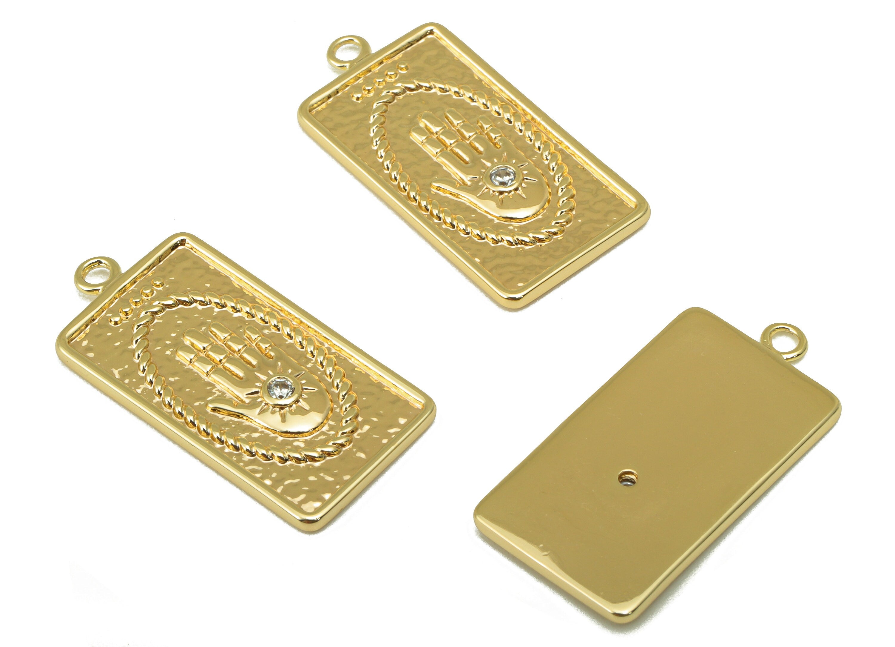 Brass Hand Earrings Charm - Hammered CZ Ellipse Pendant - Cubic Zirconia Charm - For Necklace - 18k Gold Plated -27x 13.41x 1.48mm -RGP6232 - DOMEDBAZAAR