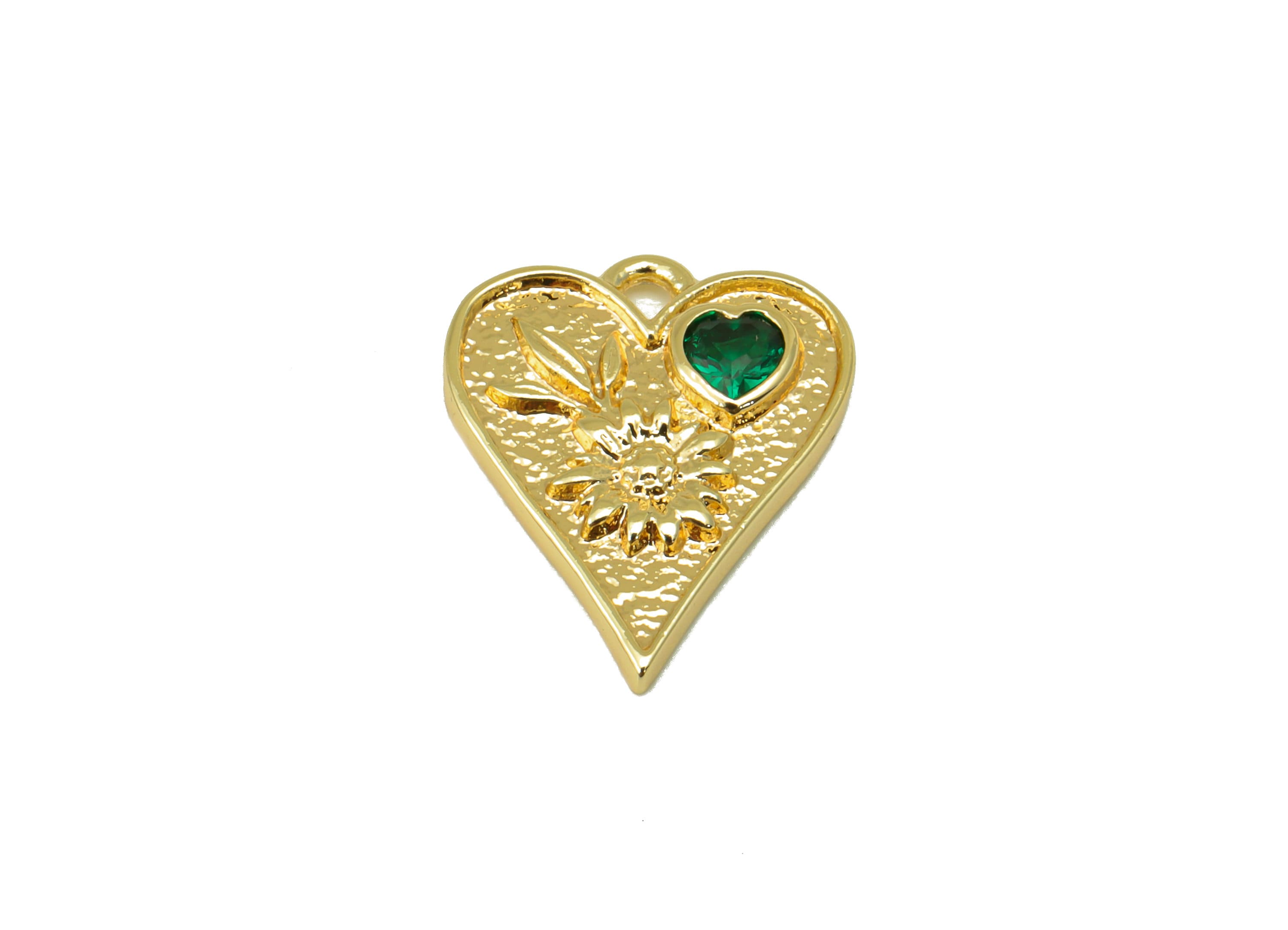 Brass Heart Earrings Charm - Flower Green Heart Pendant - Botanical Earring Charm - For Necklace - 18k Gold Plated - 15x 12x 2.41mm- RGP6236 - DOMEDBAZAAR