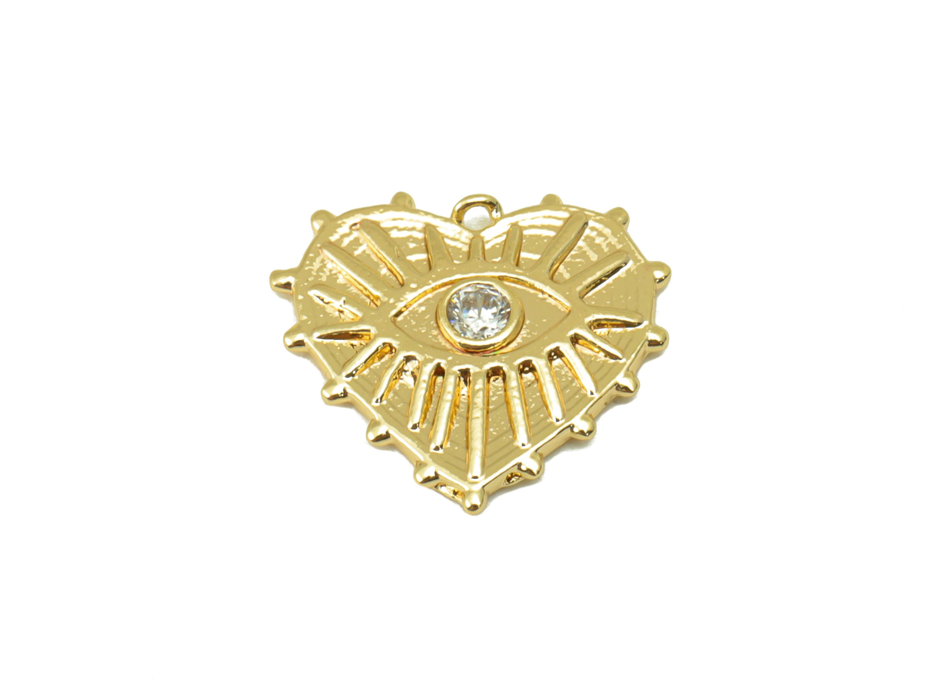 Brass Heart Charm - Brass Textured Eye Charm- Cubic Zirconia Earring Charm - For Necklace - 18K Real Gold Plated - 13.85x14.78x2mm- RGP6237 - DOMEDBAZAAR