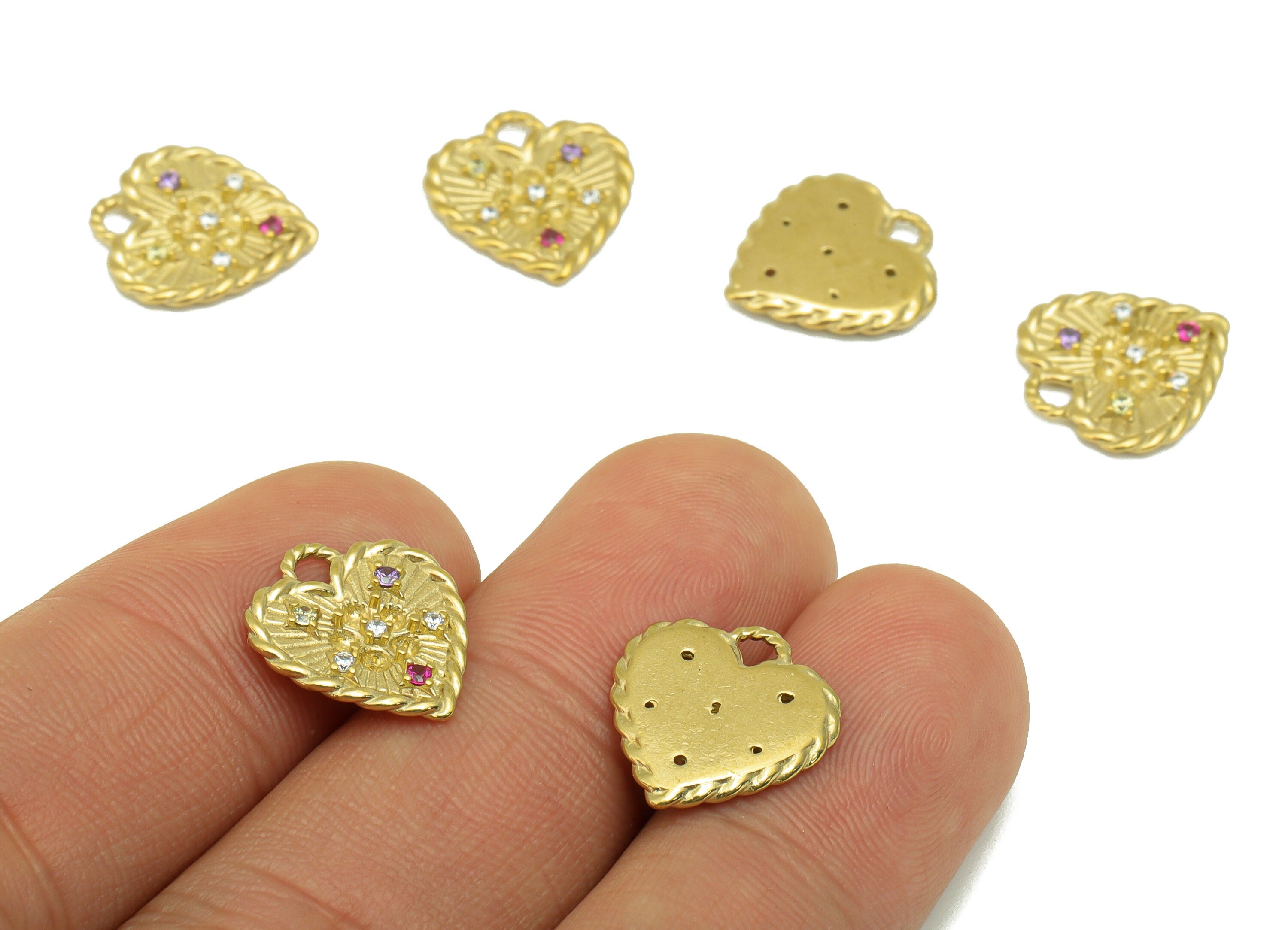 Brass Heart Charm - Raw Brass- Cubic Zirconia Charm - Chain Flower Earring Pendant - For Necklace - 14 x 13x 2.1mm-PP8448 - DOMEDBAZAAR