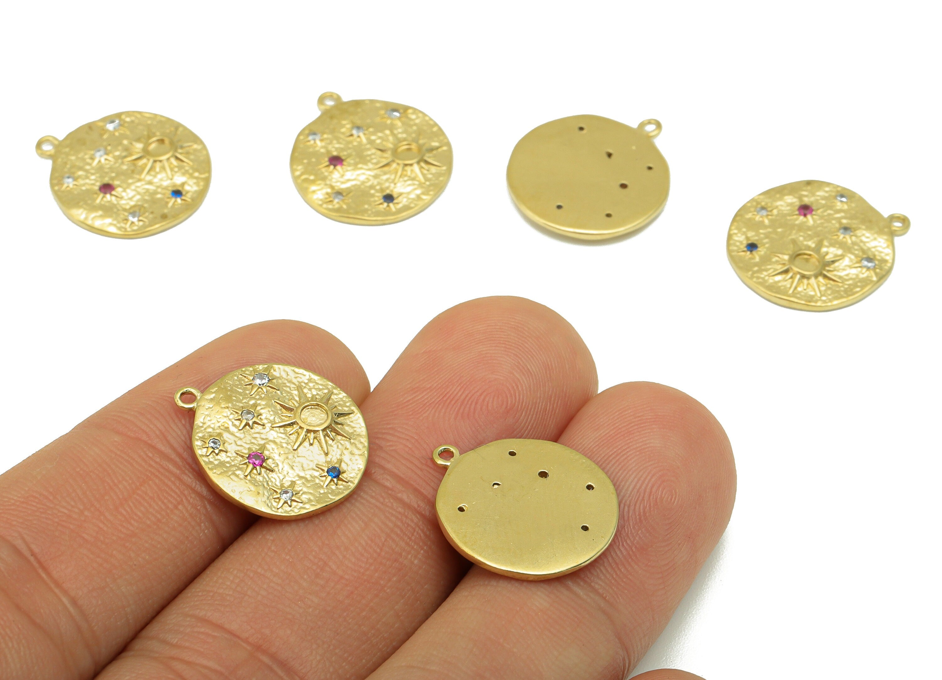 Brass Round Earring Charm - Raw Brass - Hammered Brass -Sun and Stars Earring Pendant - Jewelry Supplies -17 x 15 x 1.92mm-PP8469 - DOMEDBAZAAR