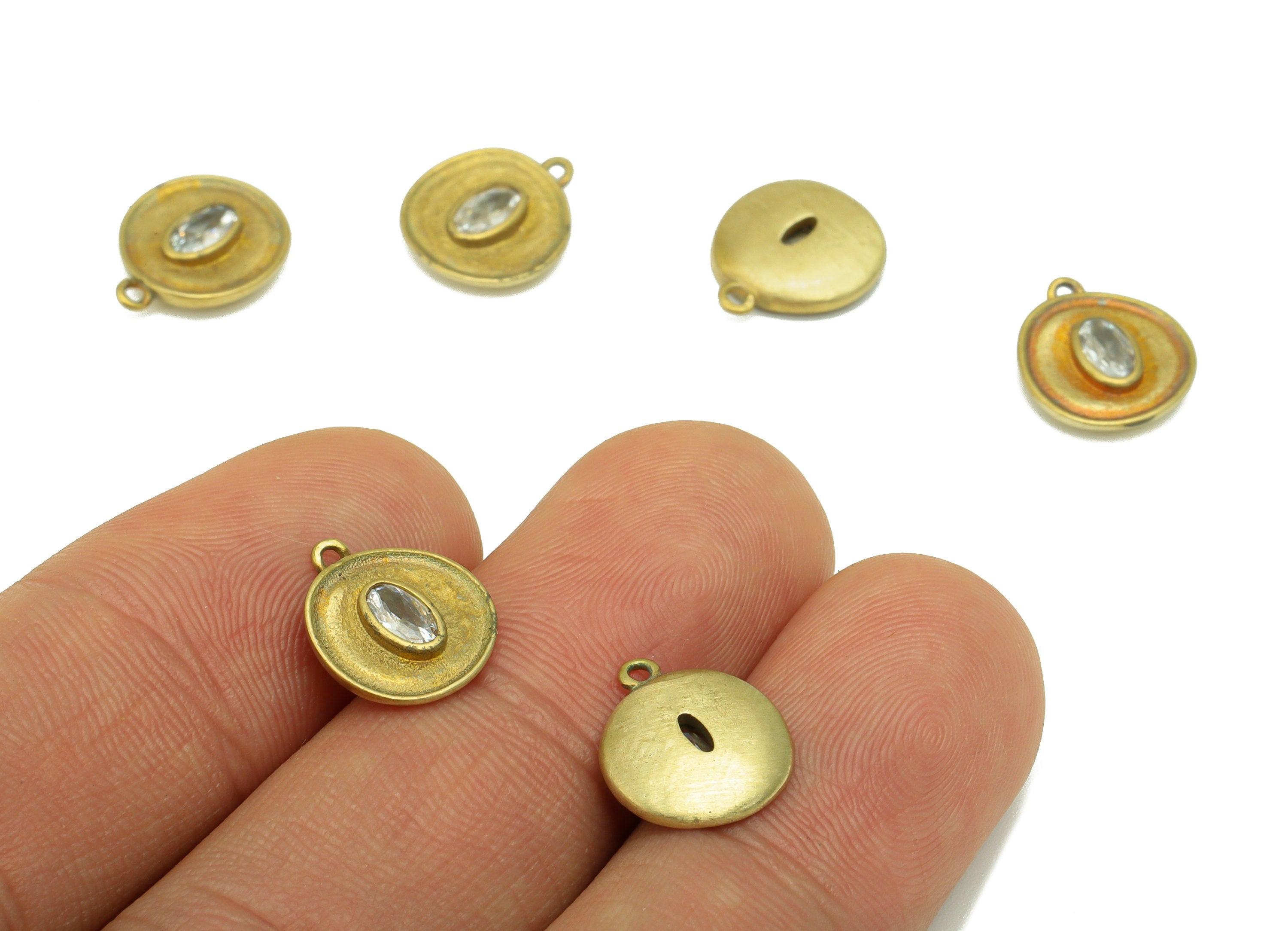 Brass Round Earring - Raw Brass - Bent Round Cubic Zircon Charms - Earring Pendant --Jewelry Making Supplies-12 x10x 2.78mm-PP8501 - DOMEDBAZAAR