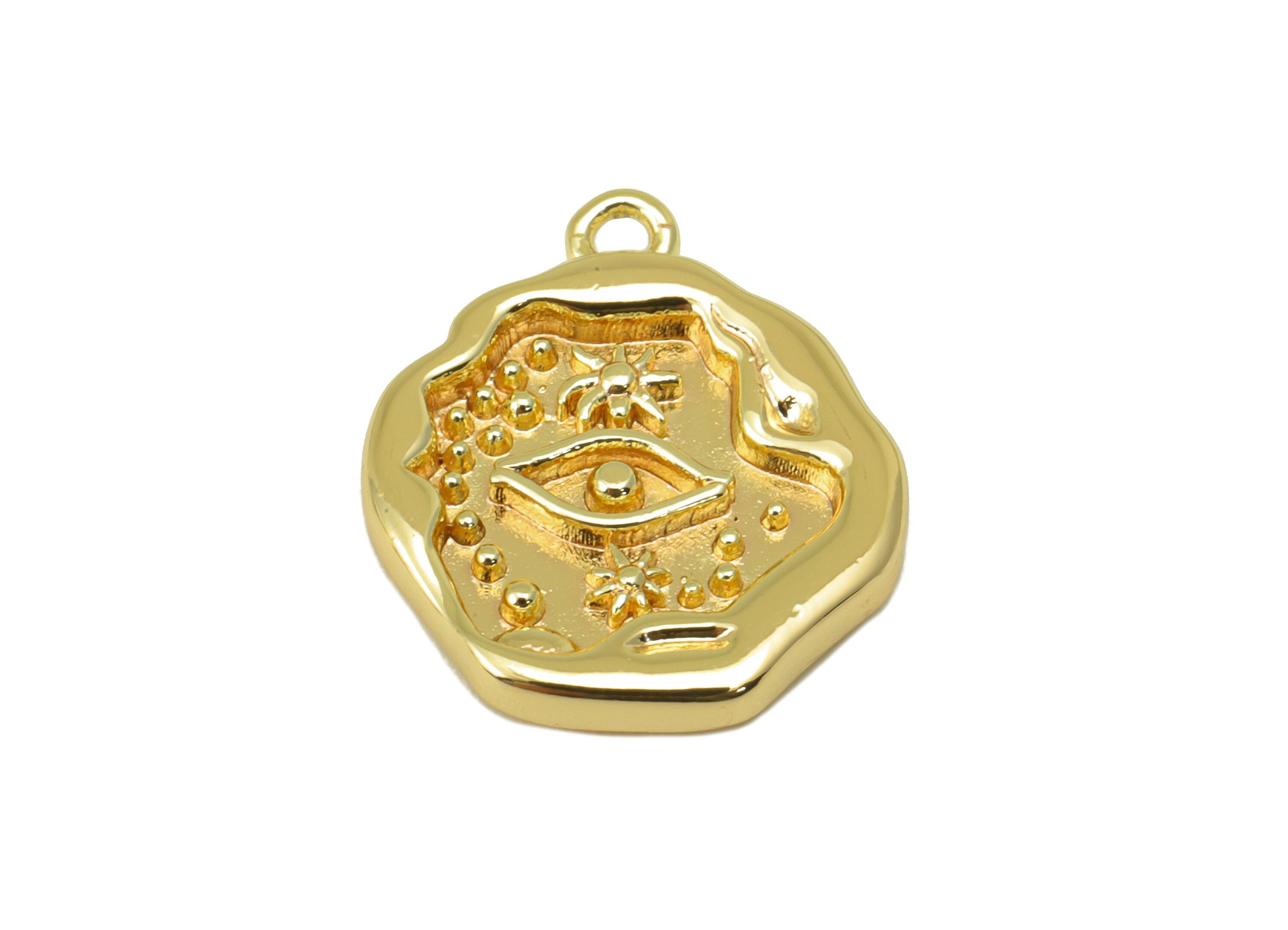 Brass Eye Charm - Brass Textured Earring Charm -Flower Dot Earring Charm - For Necklace- 18K Real Gold Plated -16.99x 14.1x 2.28mm -RGP6287 - DOMEDBAZAAR