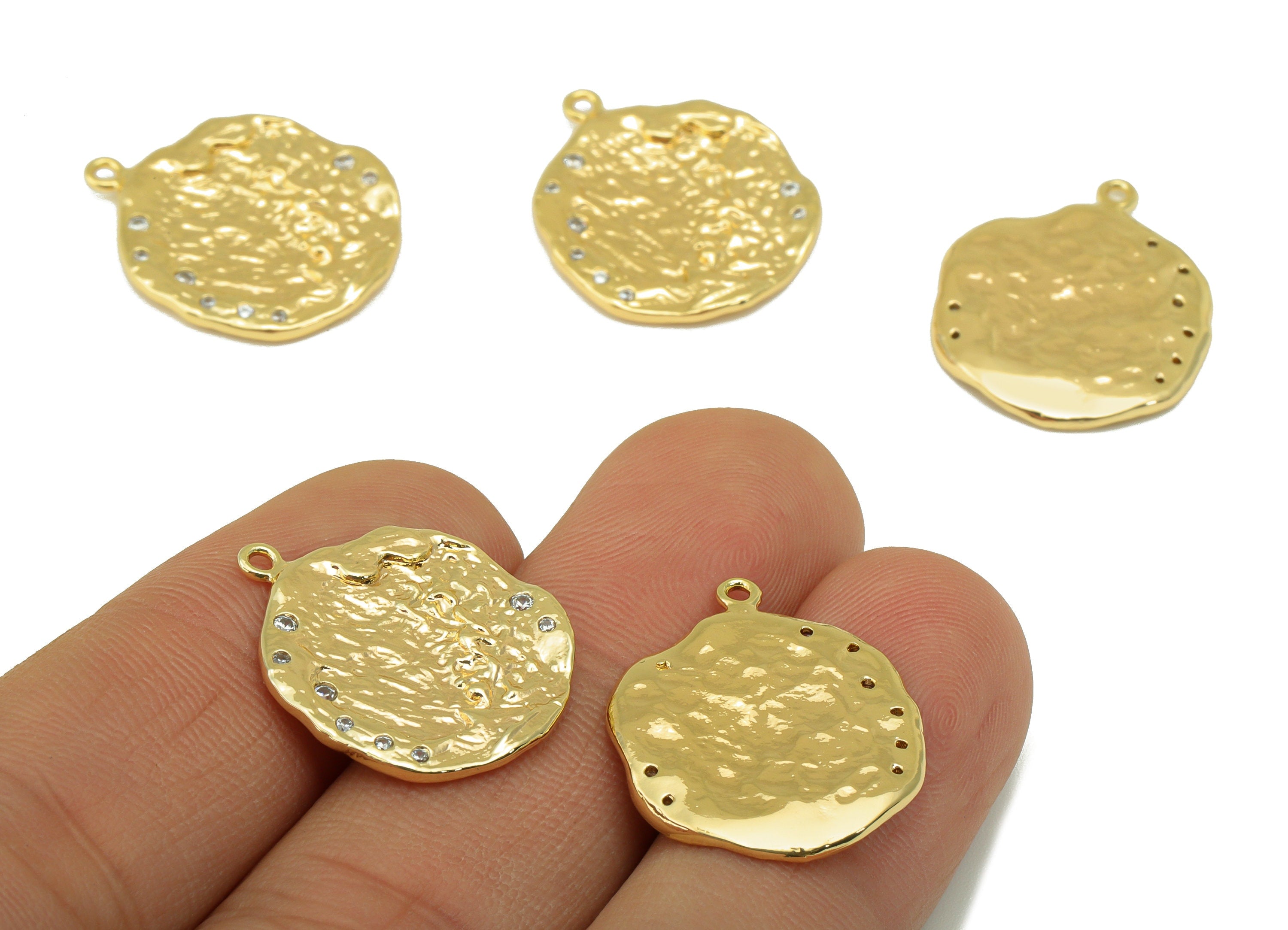 Brass Textured Earring Charm - Hammered CZ Charm - Cubic Zirconia Charm - For Necklace - 18K Real Gold Plated -22x 18.43 x 1.91mm -RGP6289 - DOMEDBAZAAR