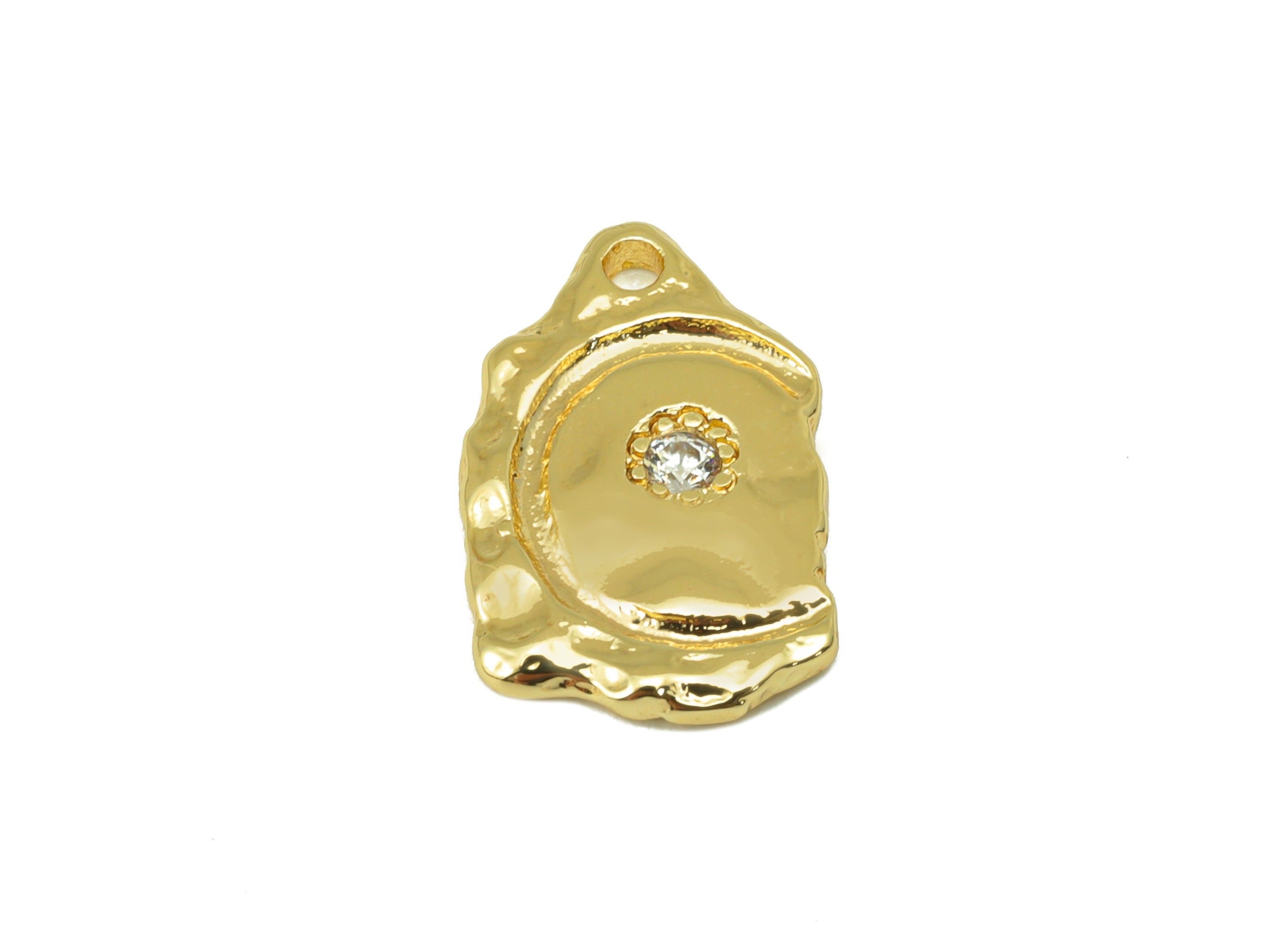 Brass Textured Earring Charm - Hammered Earring Charm - Cubic Zirconia Charm - For Necklace - 18K Real Gold Plated- 17x10.36x1.55mm-RGP6292 - DOMEDBAZAAR