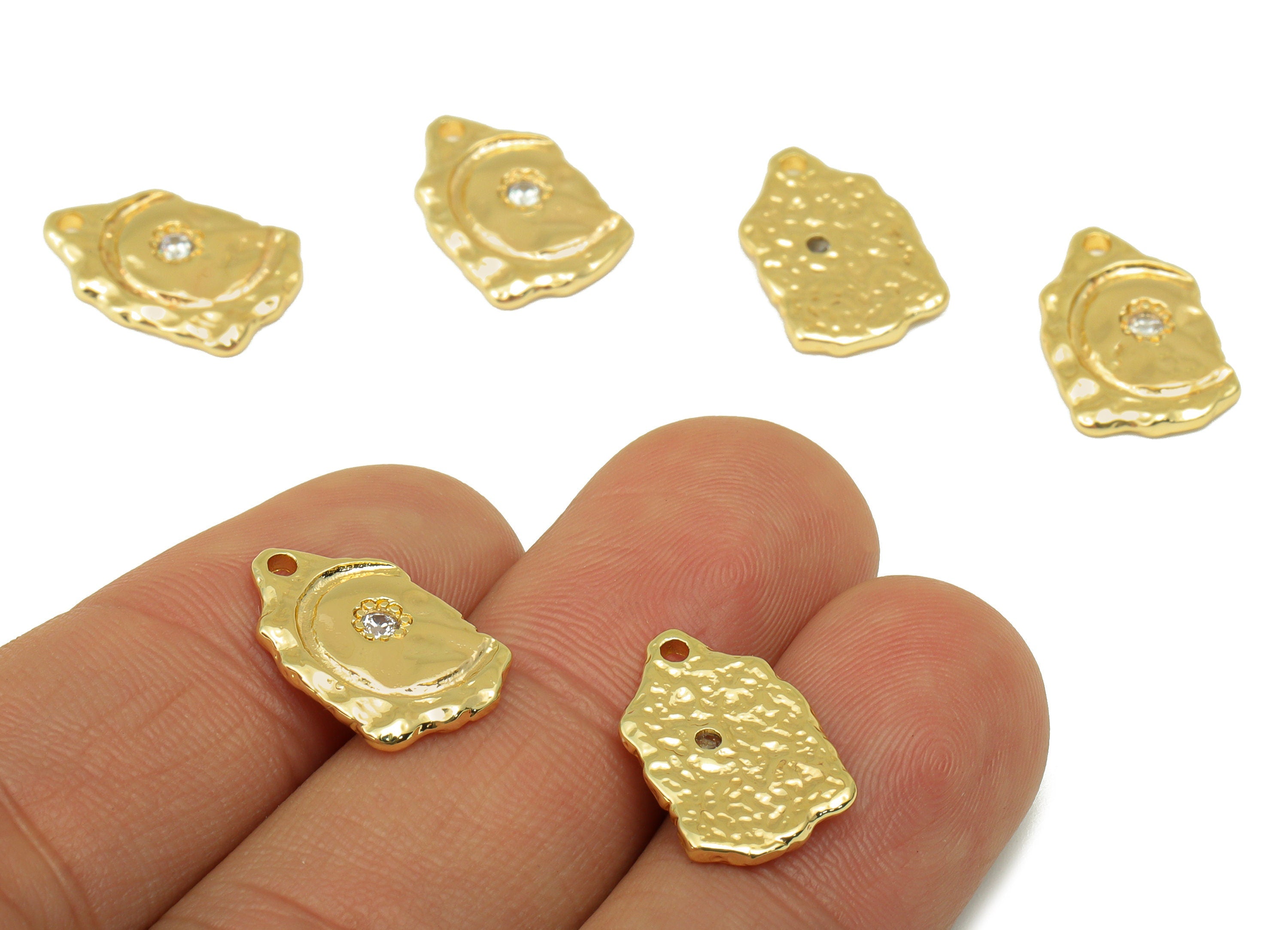 Brass Textured Earring Charm - Hammered Earring Charm - Cubic Zirconia Charm - For Necklace - 18K Real Gold Plated- 17x10.36x1.55mm-RGP6292 - DOMEDBAZAAR