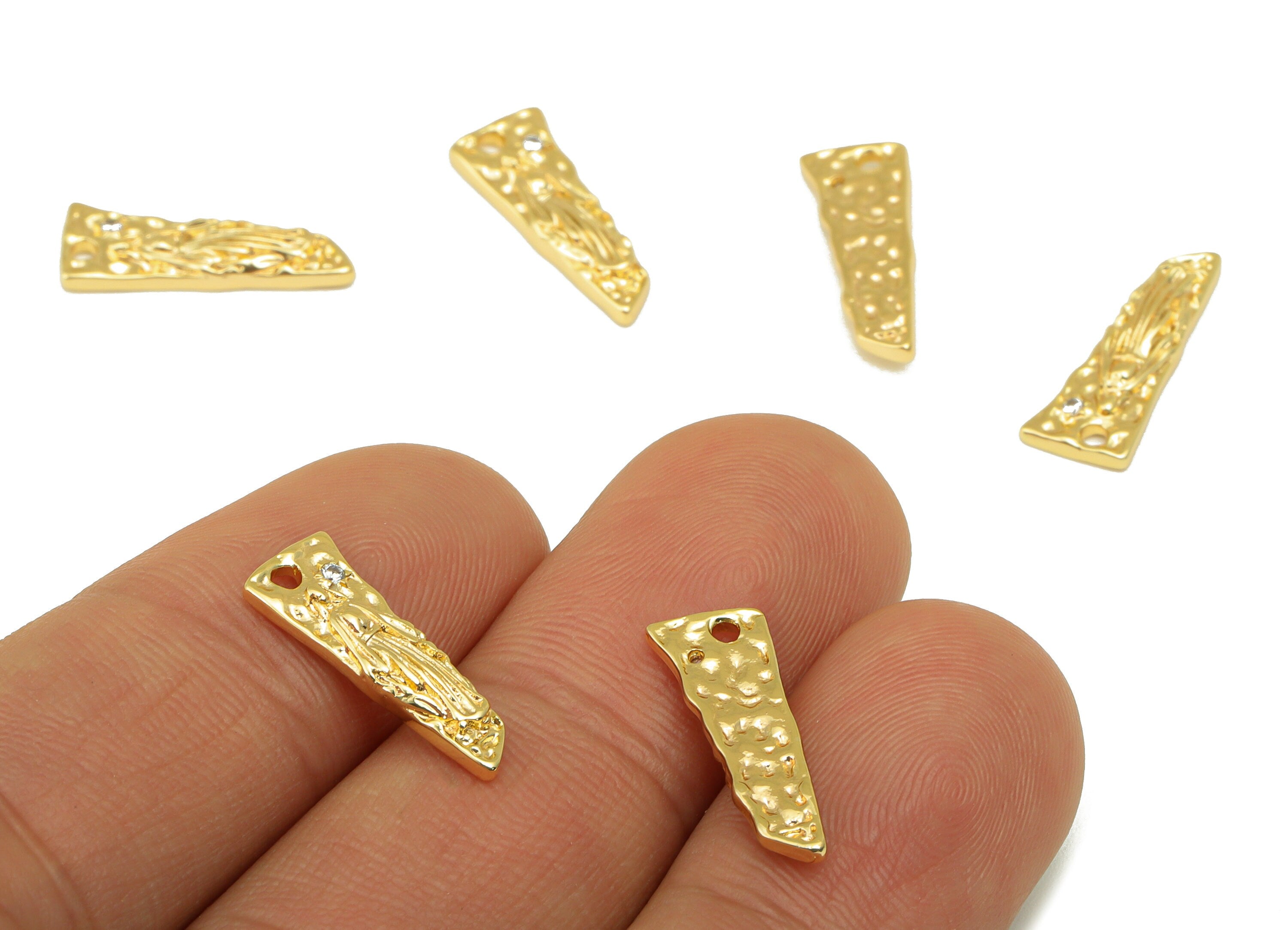 Brass Hammered Earring Charm - Textured Angle Pendant - CZ Earring - Cubic Zirconia for Necklace-18K Real Gold Plated- 17x7x2mm-RGP6295 - DOMEDBAZAAR
