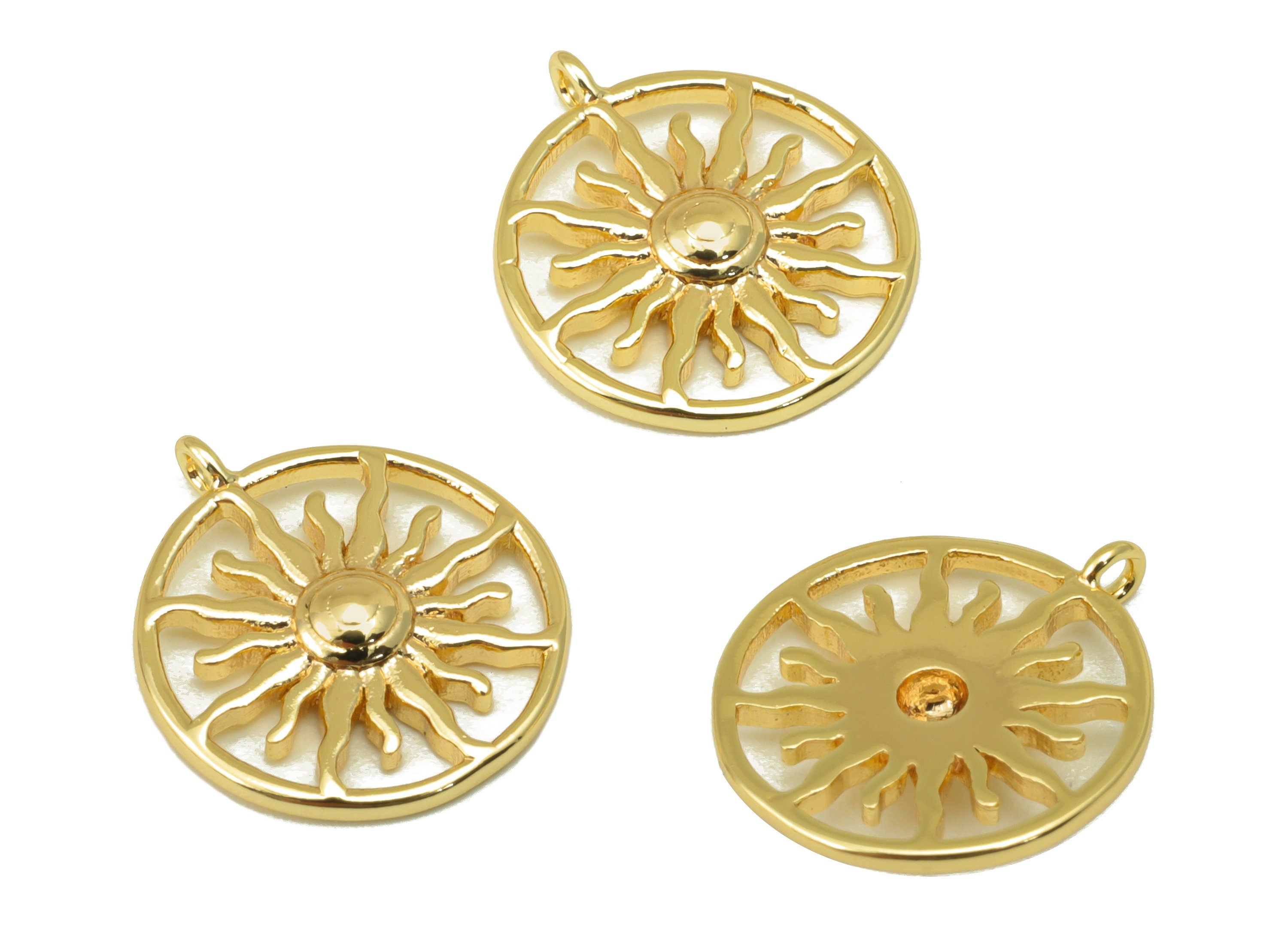 Brass Sun Earring Charms - Raw Brass Sunshine Pendant - Round Hollow Sun Charm - for Necklace - 18K Real Gold Plated- 15.6x13x1.27mm-RGP6296 - DOMEDBAZAAR