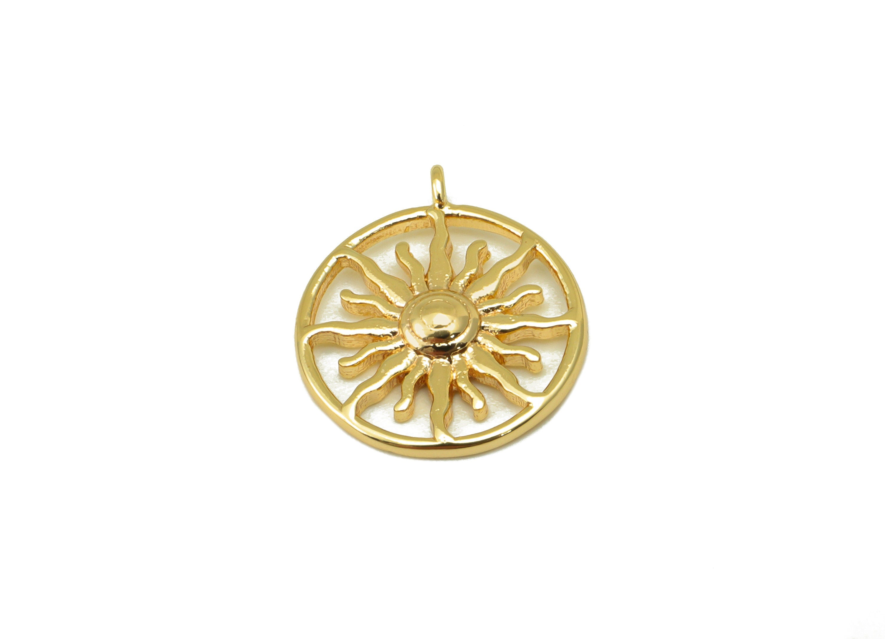 Brass Sun Earring Charms - Raw Brass Sunshine Pendant - Round Hollow Sun Charm - for Necklace - 18K Real Gold Plated- 15.6x13x1.27mm-RGP6296 - DOMEDBAZAAR