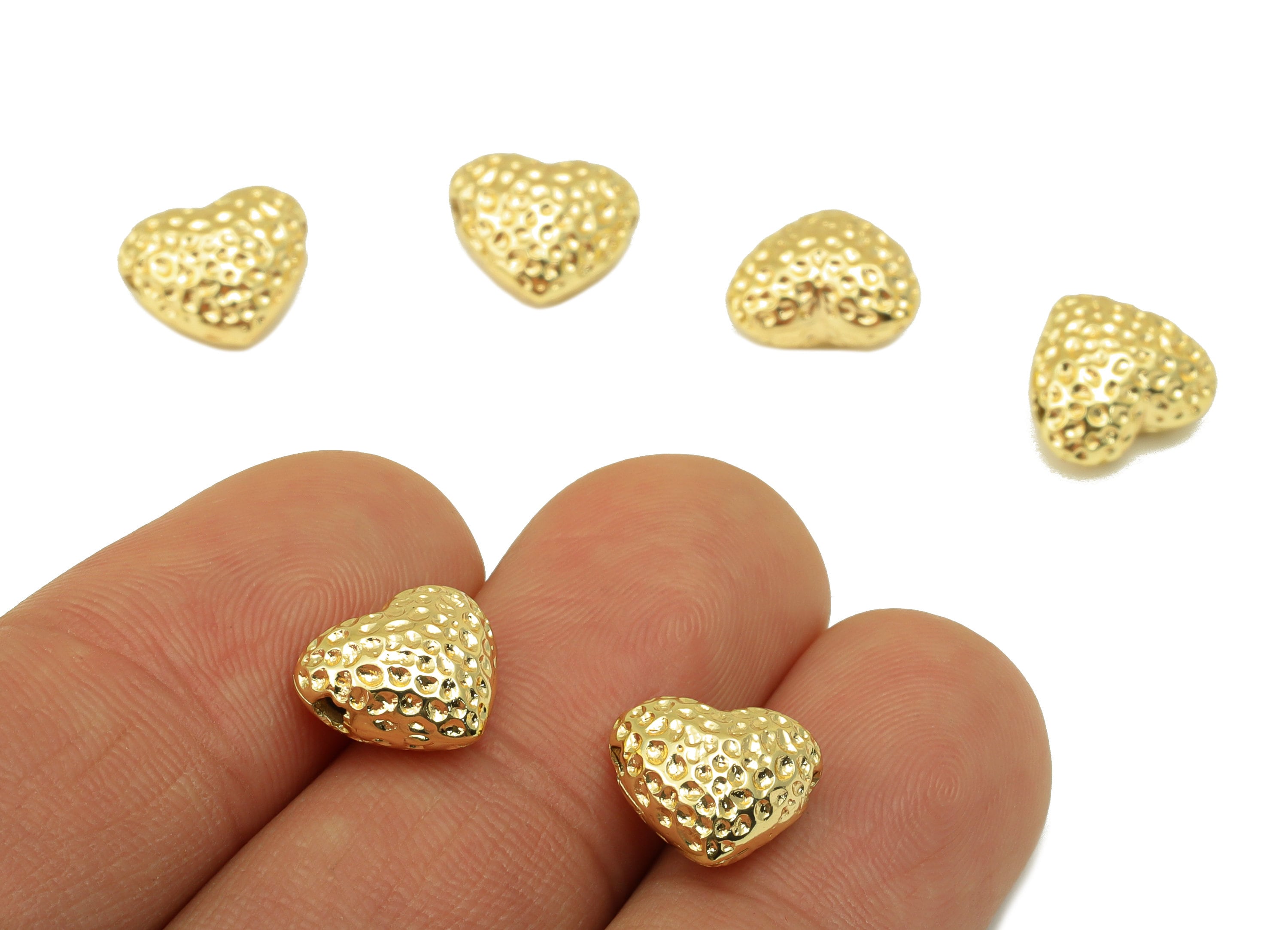 Brass Heart Spacer Bead - Brass Hammered Heart Charms - Gold Heart Pendant - for Necklace - 18K Real Gold Plated-9.8x11 x 6.64mm-RGP6298 - DOMEDBAZAAR