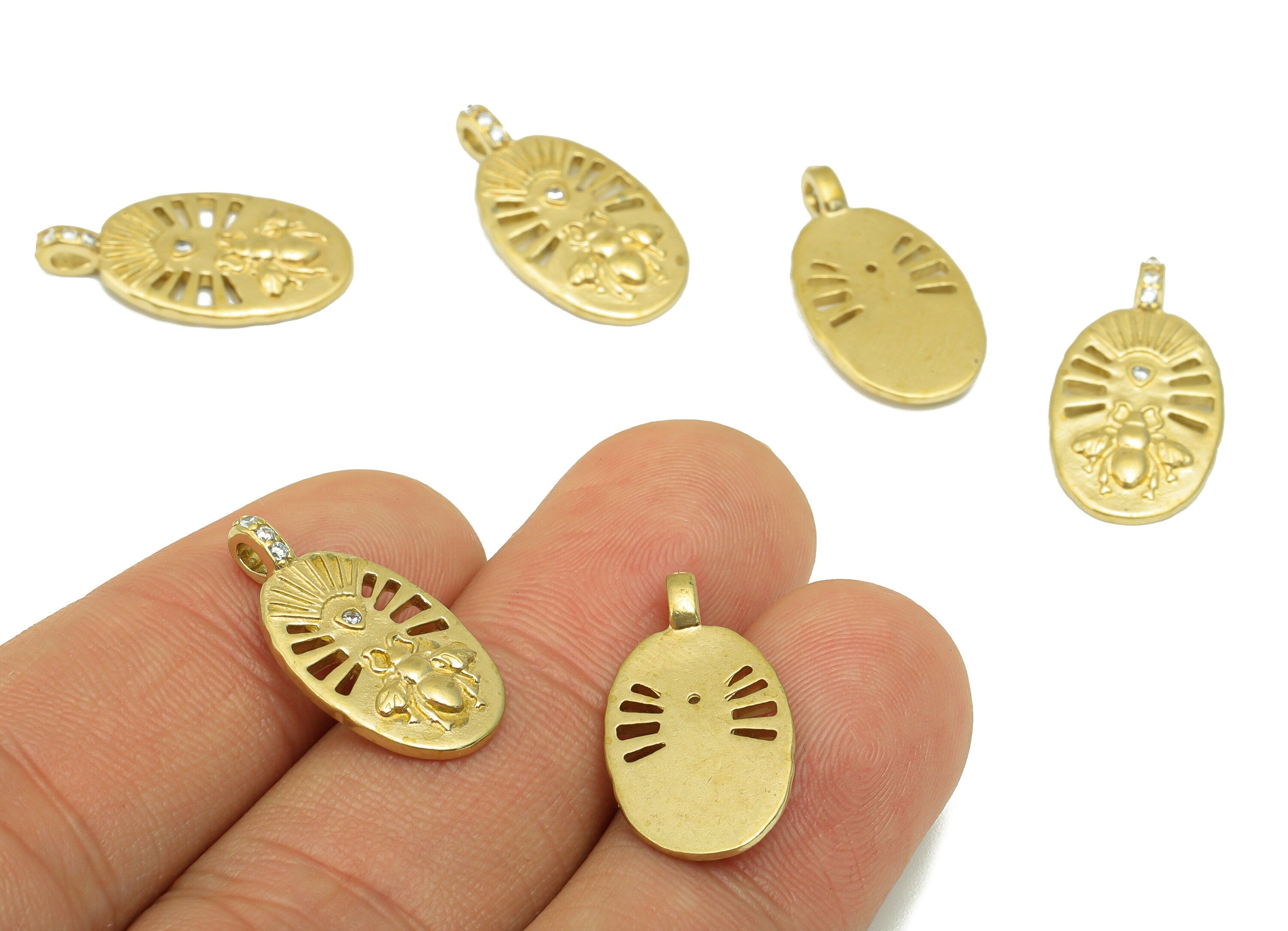 Brass Oval Bee Earring- Raw Brass Bee Pendant-Cubic Zircon- Fly Charm -Animal Pendant- Earring Charm-JewelrySupplies -21x11x1.59mm-PP8504 - DOMEDBAZAAR