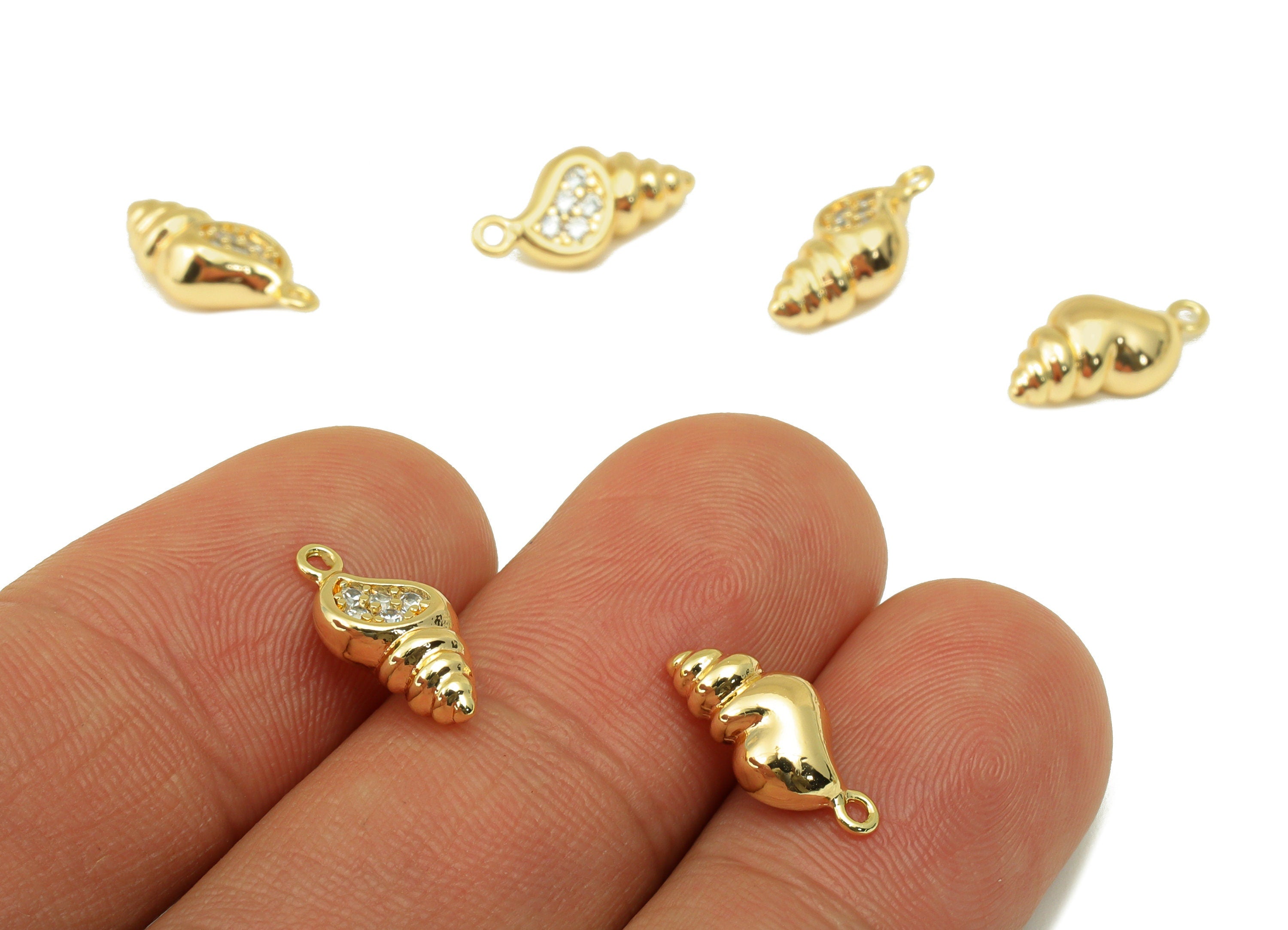 Brass Conch Charm - Brass Seashell CZ Earring Charm - Cubic Zirconia Earring Charm - For Necklace - 18K Real Gold Plated -14x6x5mm-RGP6319 - DOMEDBAZAAR