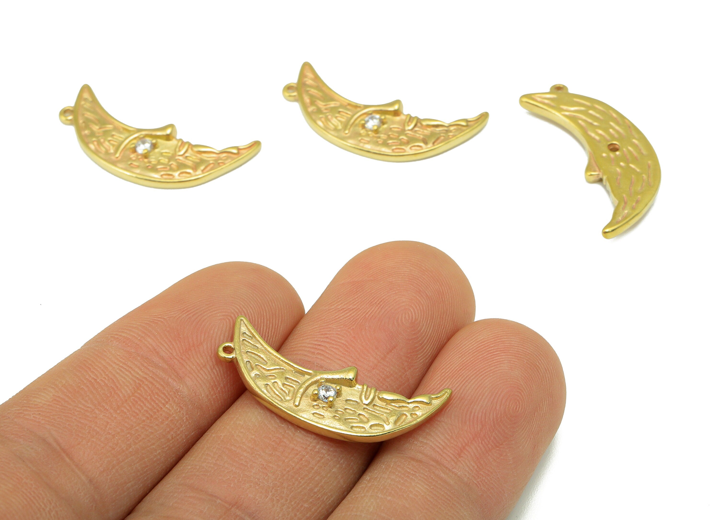Brass Moon Face Earring - Raw Brass Texture Charm-Cubic zircon - Crescent Pendant - Earring Charm -Jewelry Supplies -26x12x 2.76mm-PP8502 - DOMEDBAZAAR