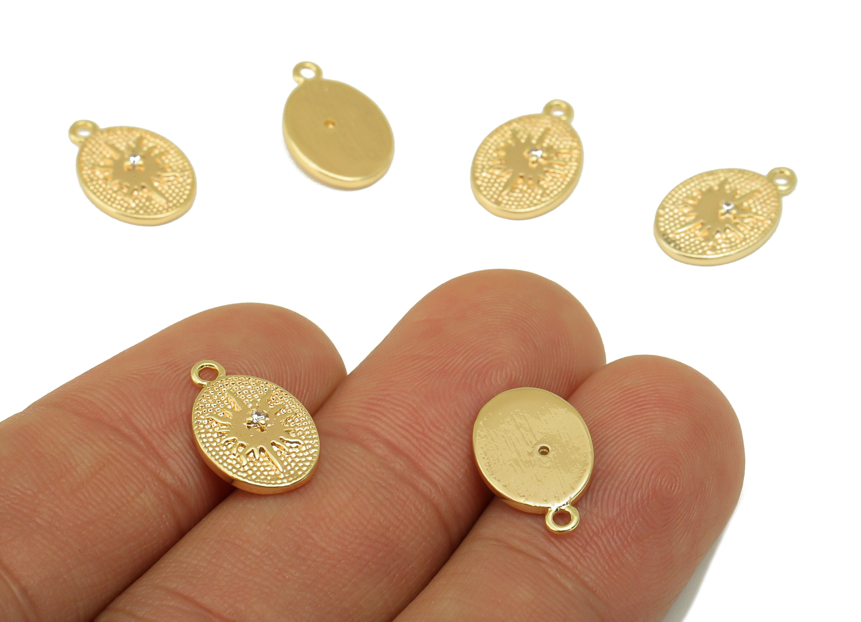Brass Ellipse Charm - North Star CZ Earring - Cubic Zirconia Hammered Star Gold Charm - For Necklace -18K Real Gold Plated-14x10x2mm-RGP6320 - DOMEDBAZAAR