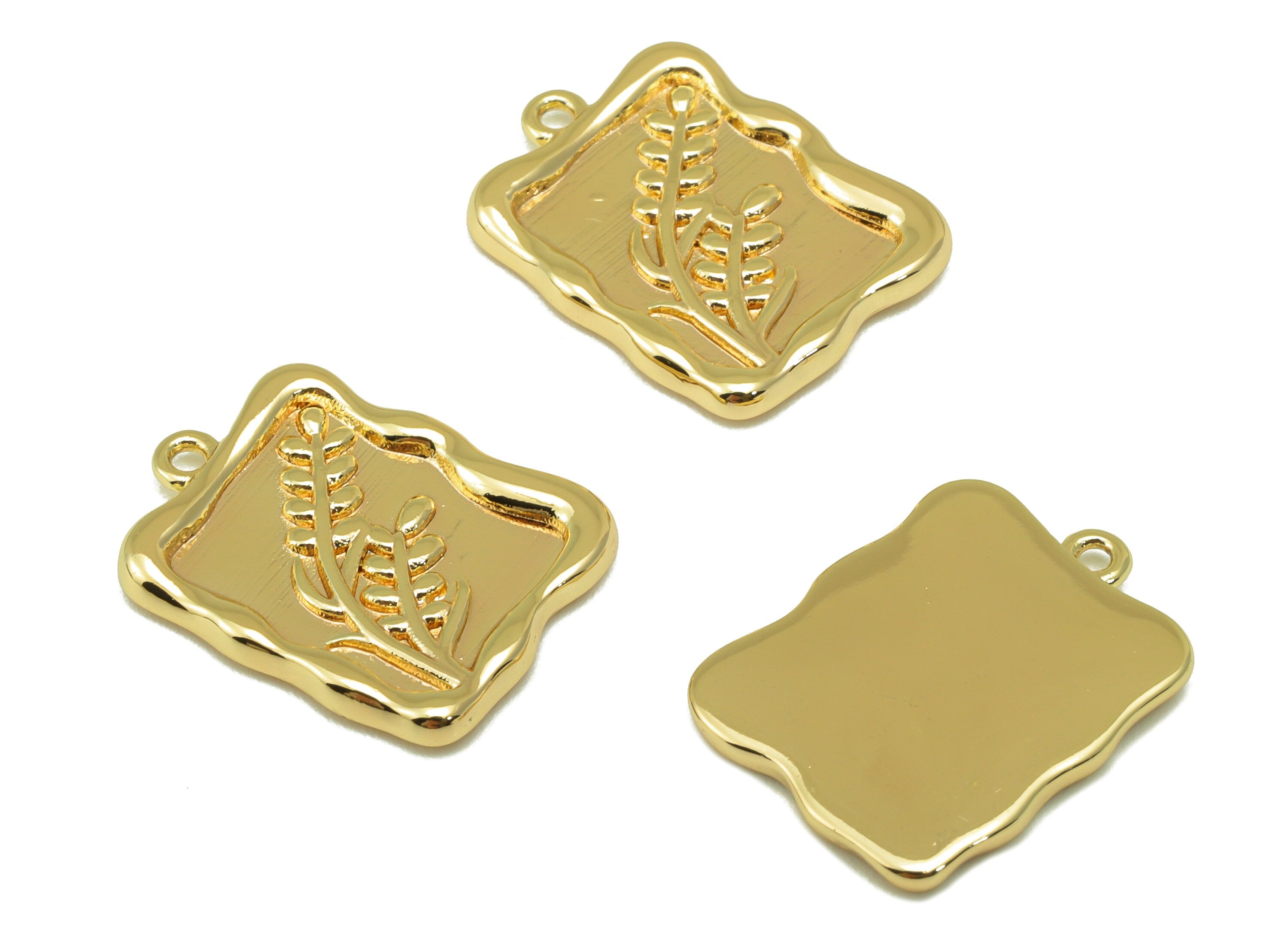 Brass Rectangle Frame Charm - Brass Ear of Wheat Earring Charm - Botanical Textured Pendant - 18K Real Gold Plated - 18x13.8x1.58mm- RGP6340 - DOMEDBAZAAR