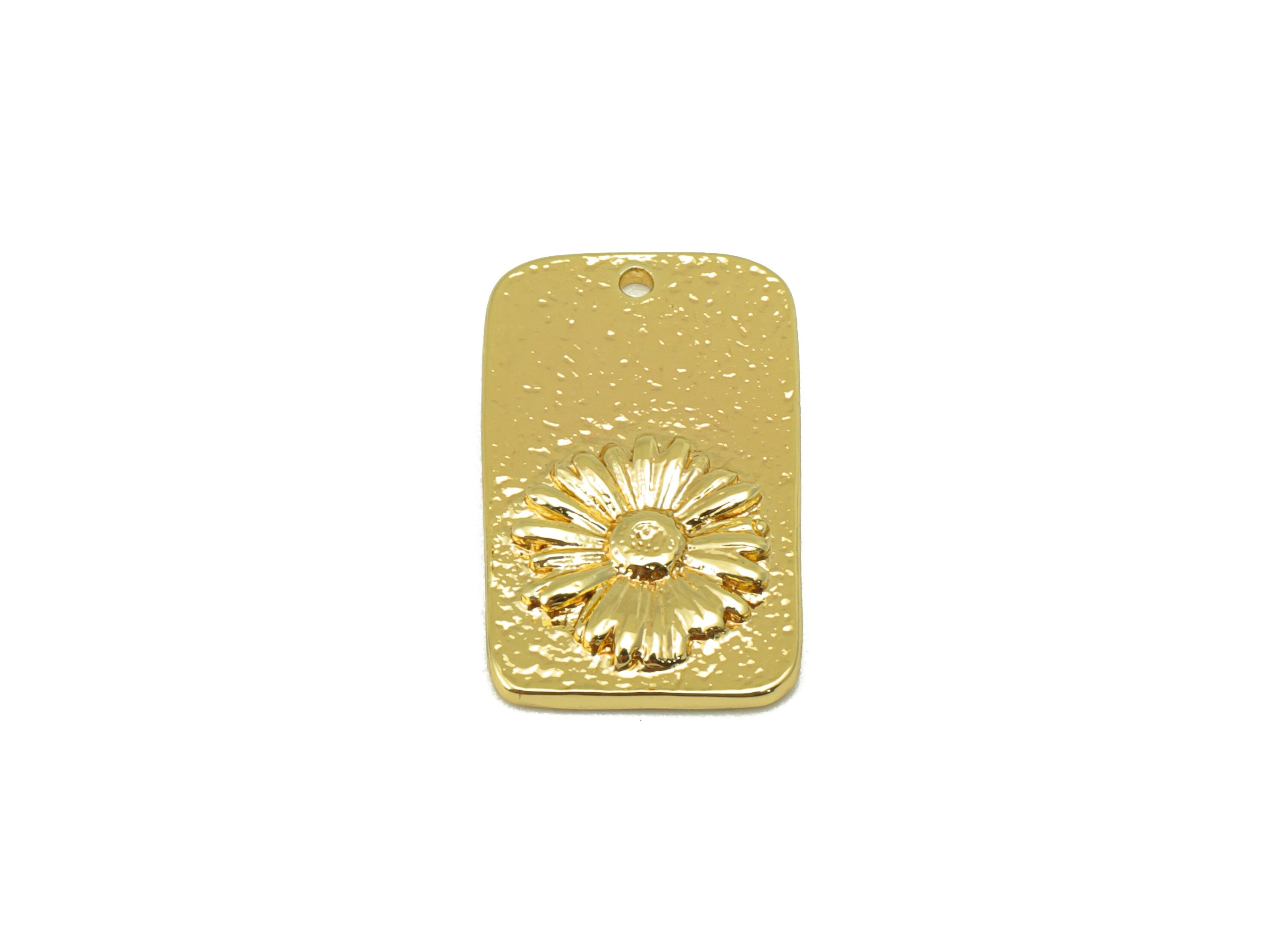 Brass Hammered Charm - Brass Daisy Earring Charm - Flower Oval Rectangle Textured Pendant - 18K Real Gold Plated - 19.48x12x1.06mm- RGP6343 - DOMEDBAZAAR