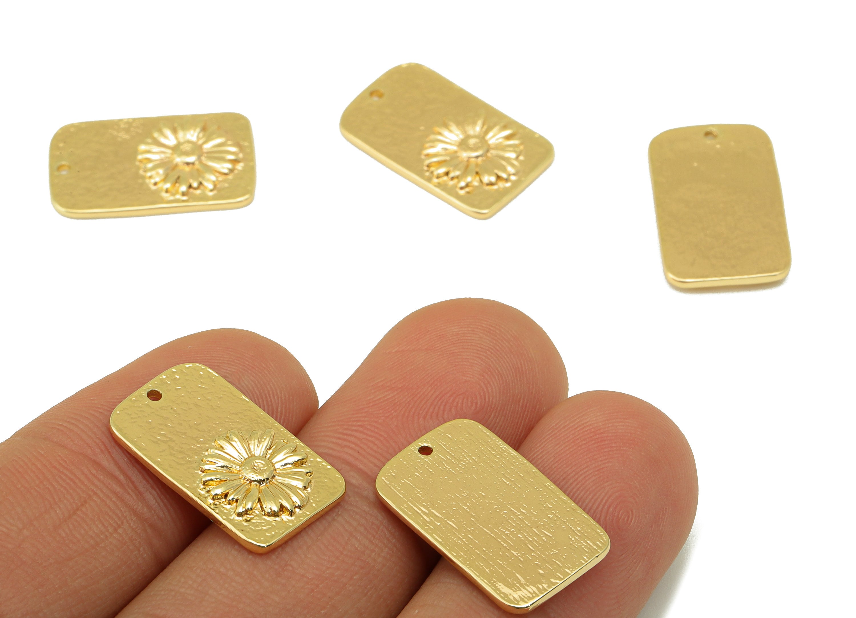 Brass Hammered Charm - Brass Daisy Earring Charm - Flower Oval Rectangle Textured Pendant - 18K Real Gold Plated - 19.48x12x1.06mm- RGP6343 - DOMEDBAZAAR