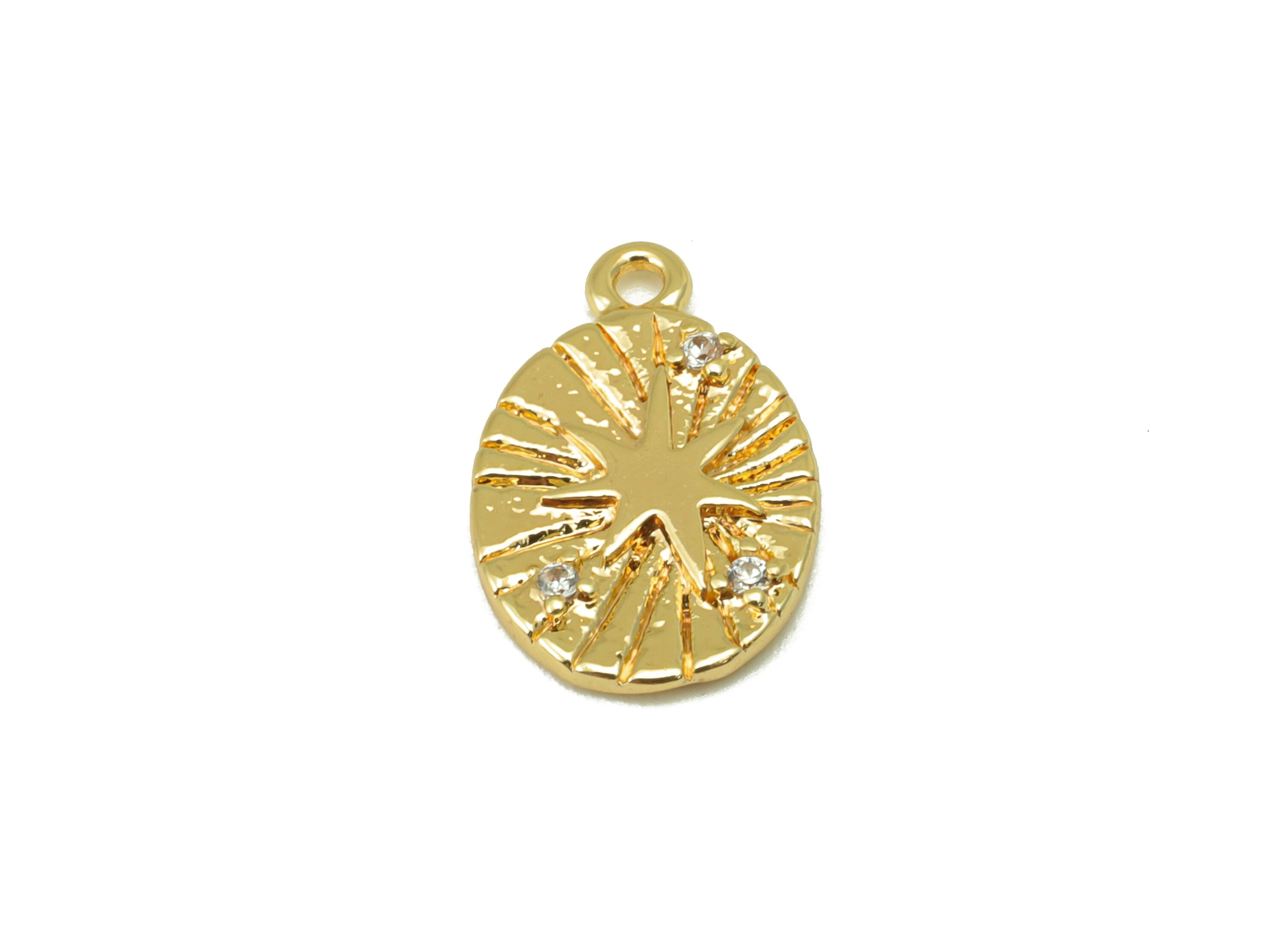 Brass Ellipse Charm - Brass Cubic Zirconia Charm - Textured North Star Earring - For Necklace - 18K Real Gold Plated - 14.4x9x2mm- RGP6349 - DOMEDBAZAAR