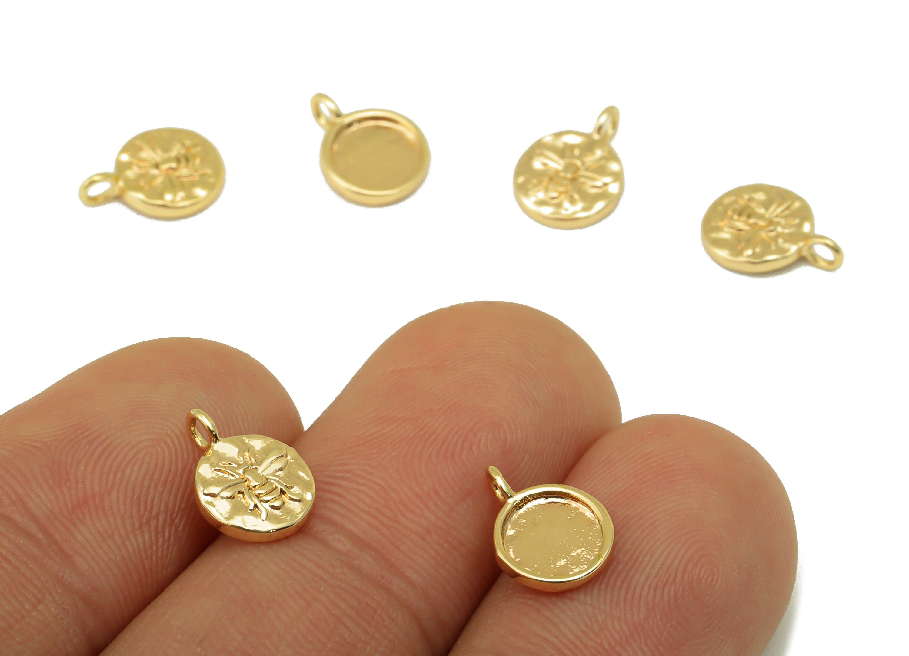 Brass Bee Charm - Brass Round Bee Earring Charm - Hammered Mini Animal Earring - For Necklace - 18K Real Gold Plated - 14.4x9x2mm- RGP6351 - DOMEDBAZAAR
