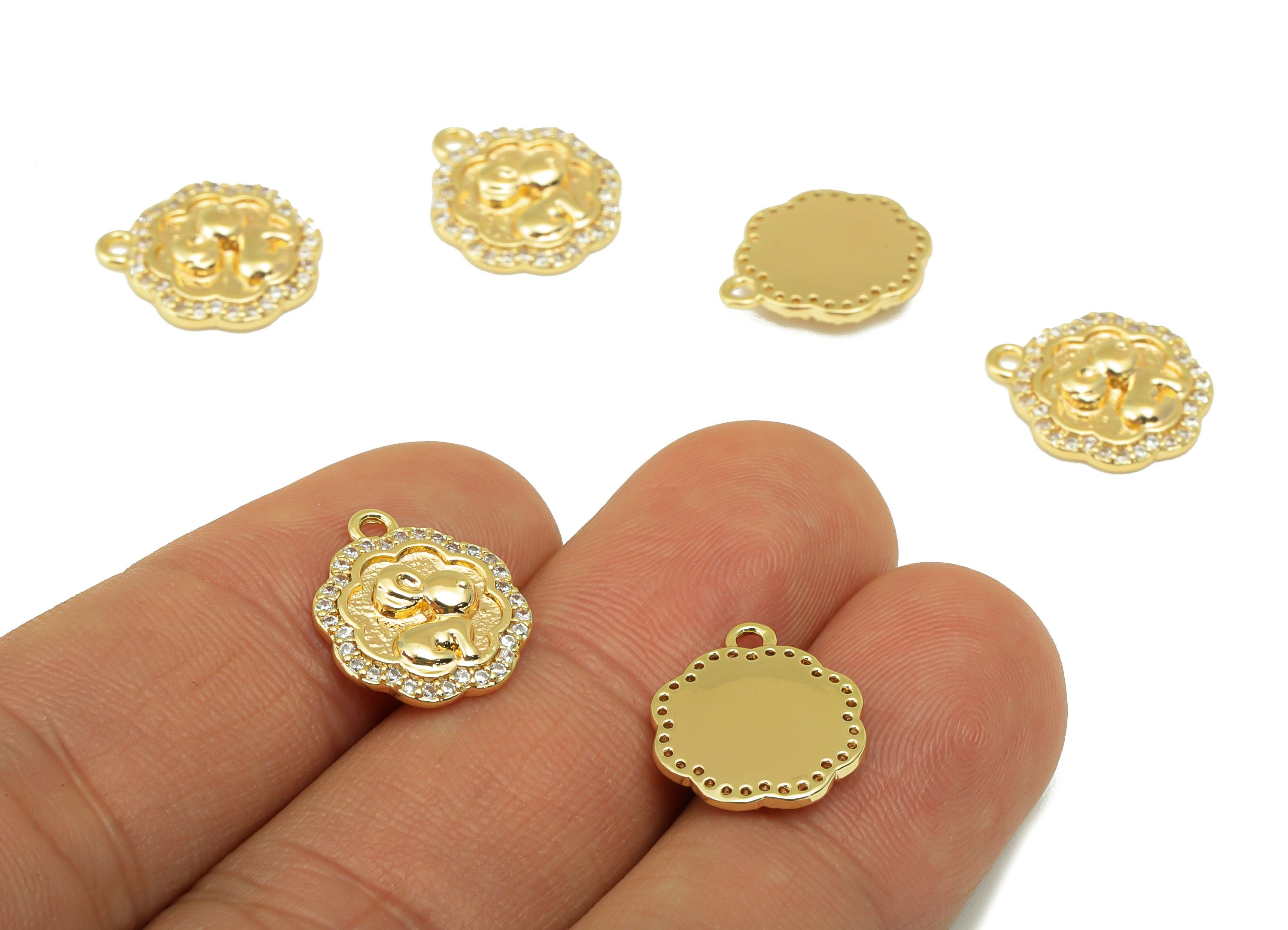 Brass Rabbit Charm - Brass Cubic Zirconia Earring Charm - Textured CZ Flower Earring - For Necklace -18K Real Gold Plated-15x12x2mm- RGP6362 - DOMEDBAZAAR