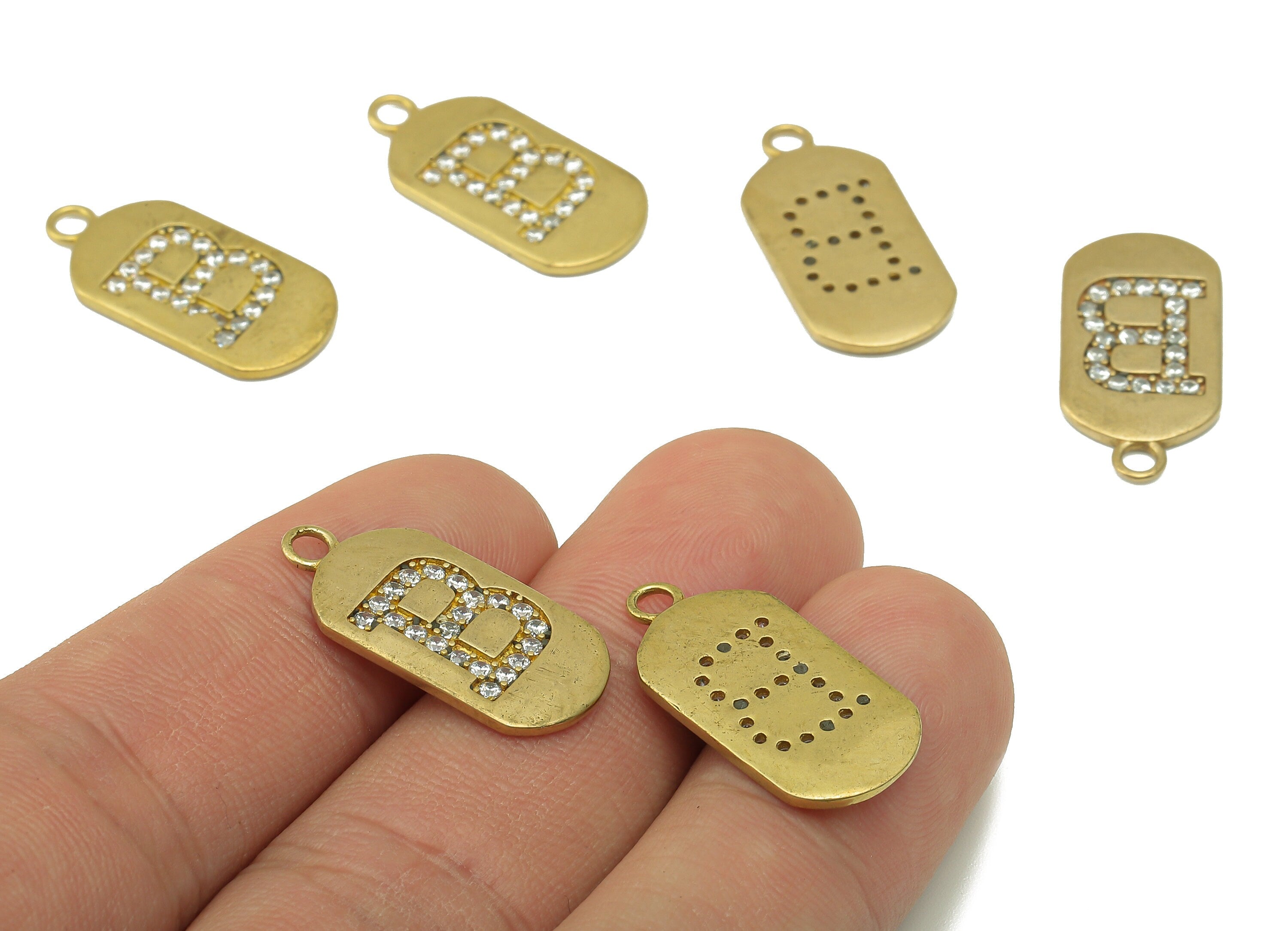 Brass Earring Charms - Raw Brass Long Oval Letter B with Zircons - Cubic Zircons Initial B - Jewelry Making Supplies - 24x11x1.6mm - PP7442B - DOMEDBAZAAR