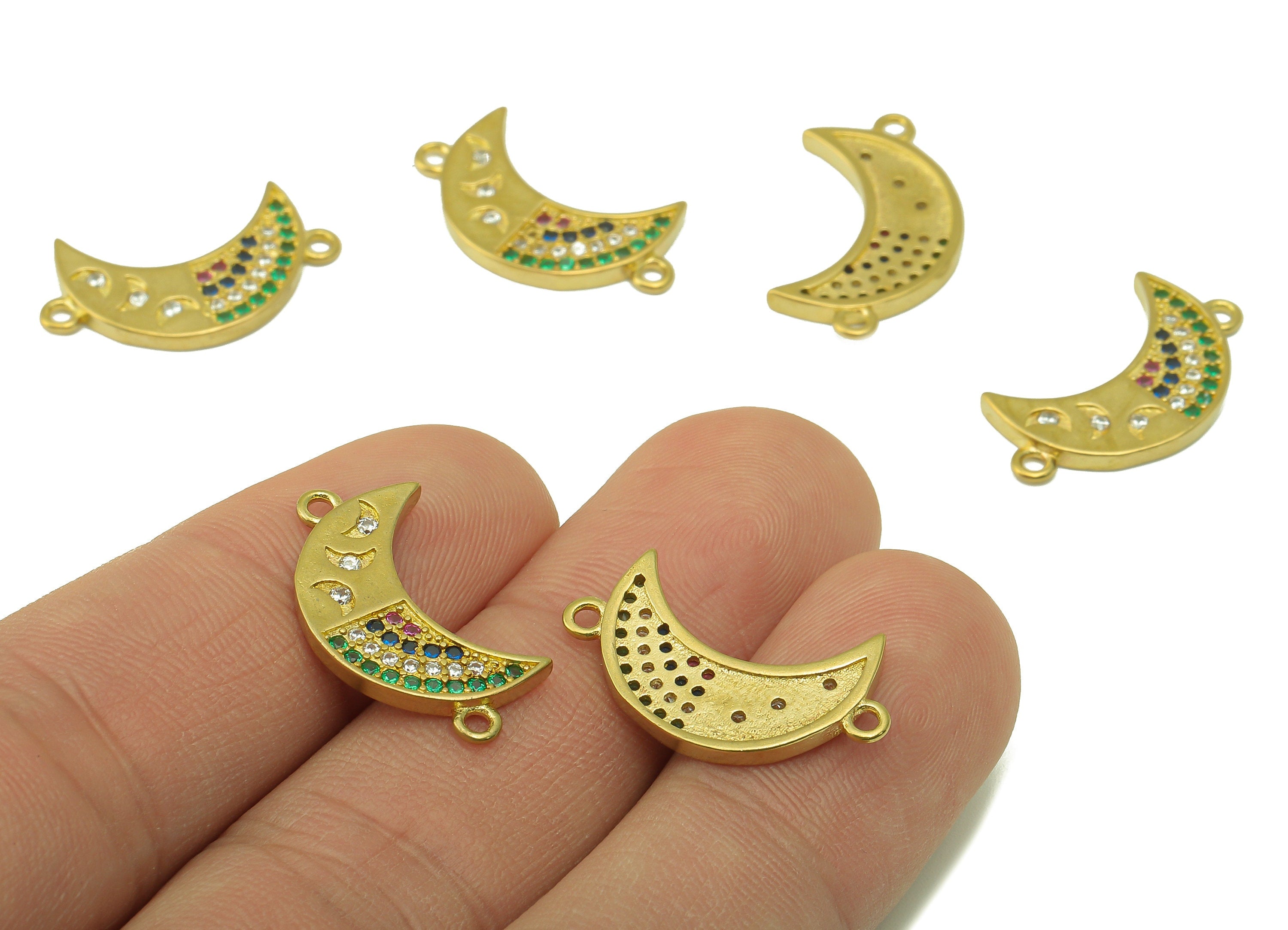 Brass Moon Earring Charms - Raw Brass Cubic Zirconia Rainbow Moon Connector - CZ Crescent Connector - For Necklace - 22.25x13x1.8mm - PP7628 - DOMEDBAZAAR