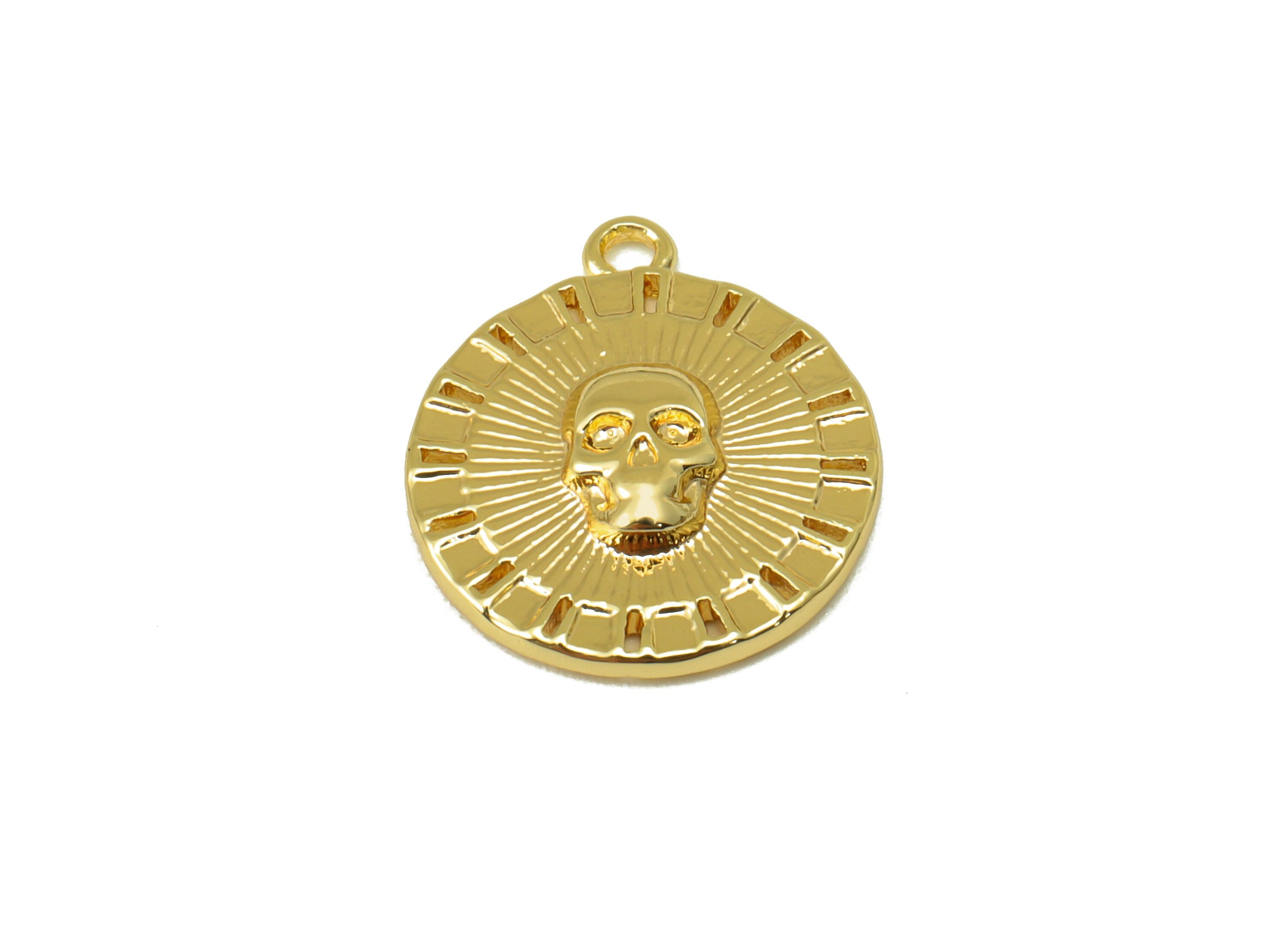 Brass Round Earring - Brass Skull Charm - Textured Circle Pendant - For Necklace - 18K Real Gold Plated - 16.37x14.25x 2.82mm- RGP6386 - DOMEDBAZAAR