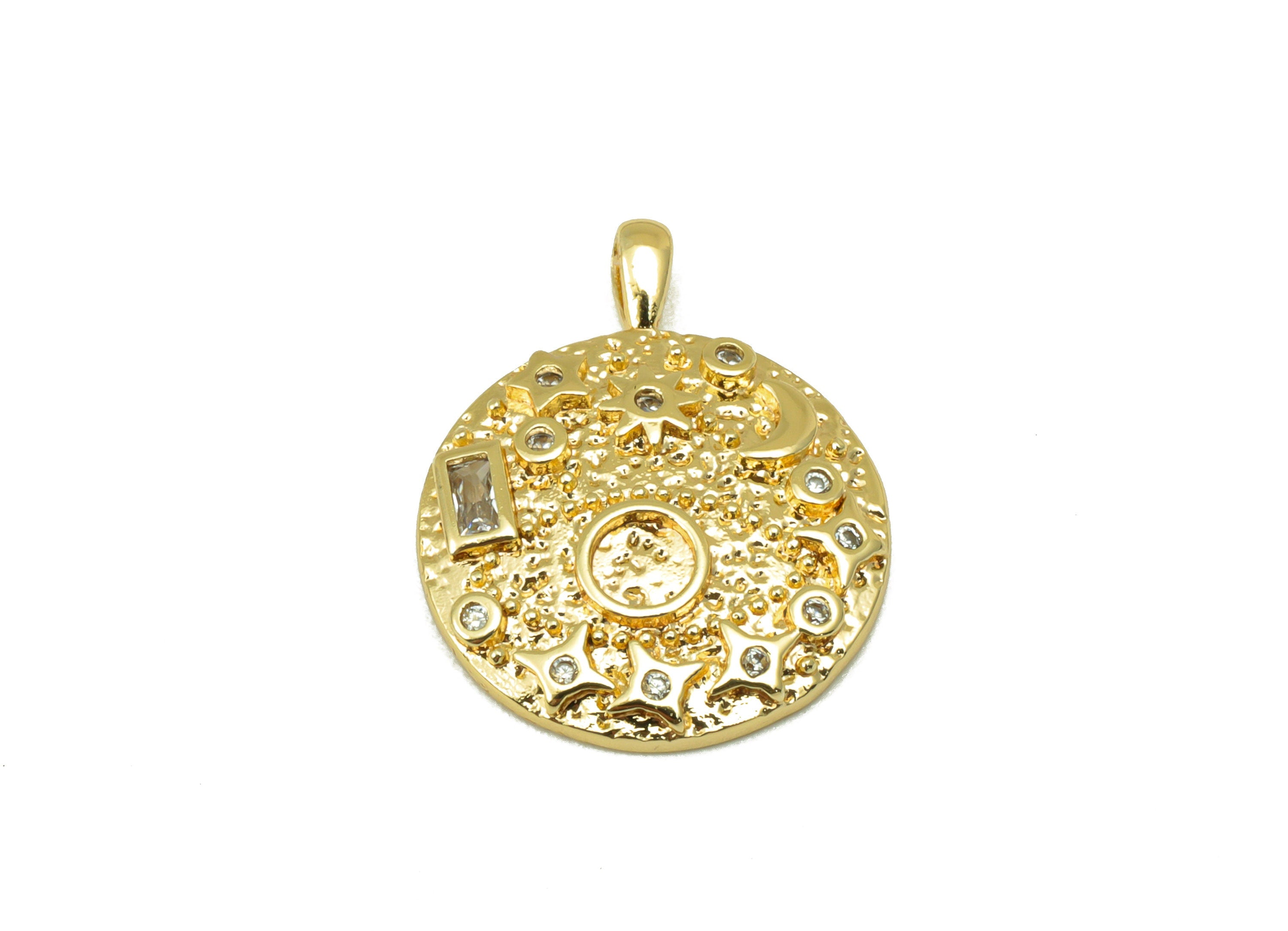 Brass Round Star Earring - Crescent Dot Charm - Textured Planet Cubic Zirconia Pendant - For Necklace-18K Real Gold Plated-20x16x2mm-RGP6387 - DOMEDBAZAAR