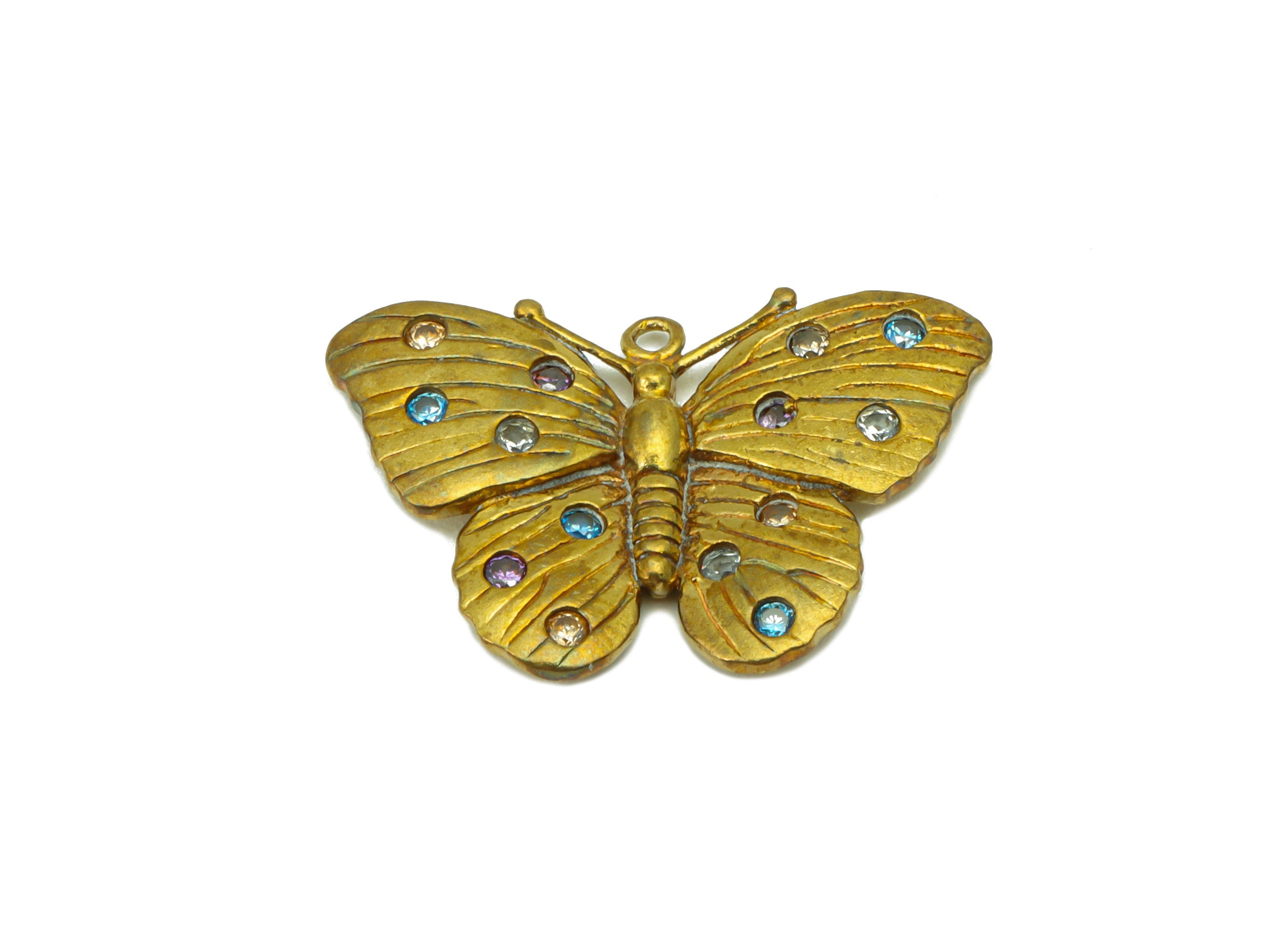 Brass Butterfly Earring Charm -Brass Textured -Cubic Zirconia-Rainbow CZ Butterfly Pendant-Animal Pendant -22x14 x1.63mm-PP8454 - DOMEDBAZAAR