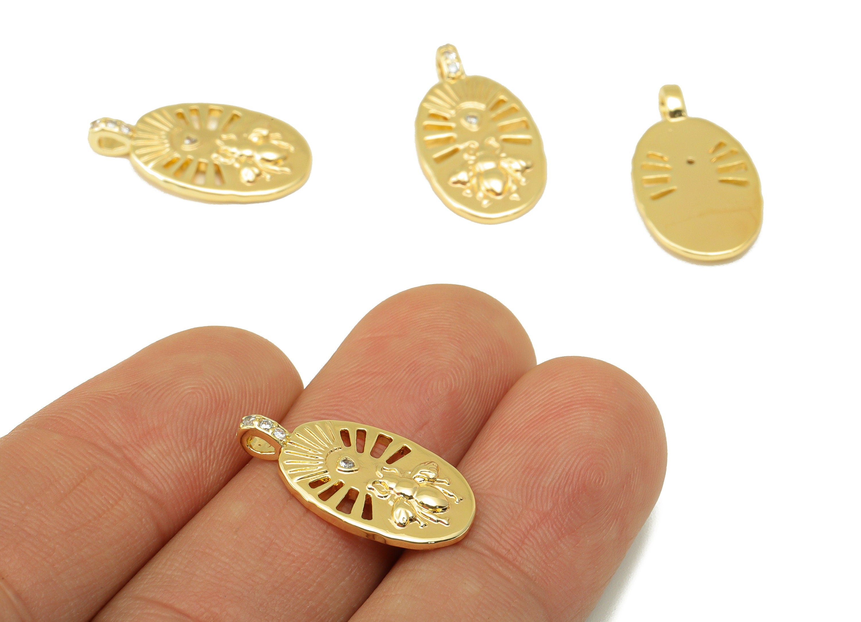 Brass Ellipse Earring - Hollow Bee Charm - Cubic Zirconia Pendant - CZ Animal - For Necklace -18k Real Gold Plated - 22x11.8x1.6mm - RGP6398 - DOMEDBAZAAR