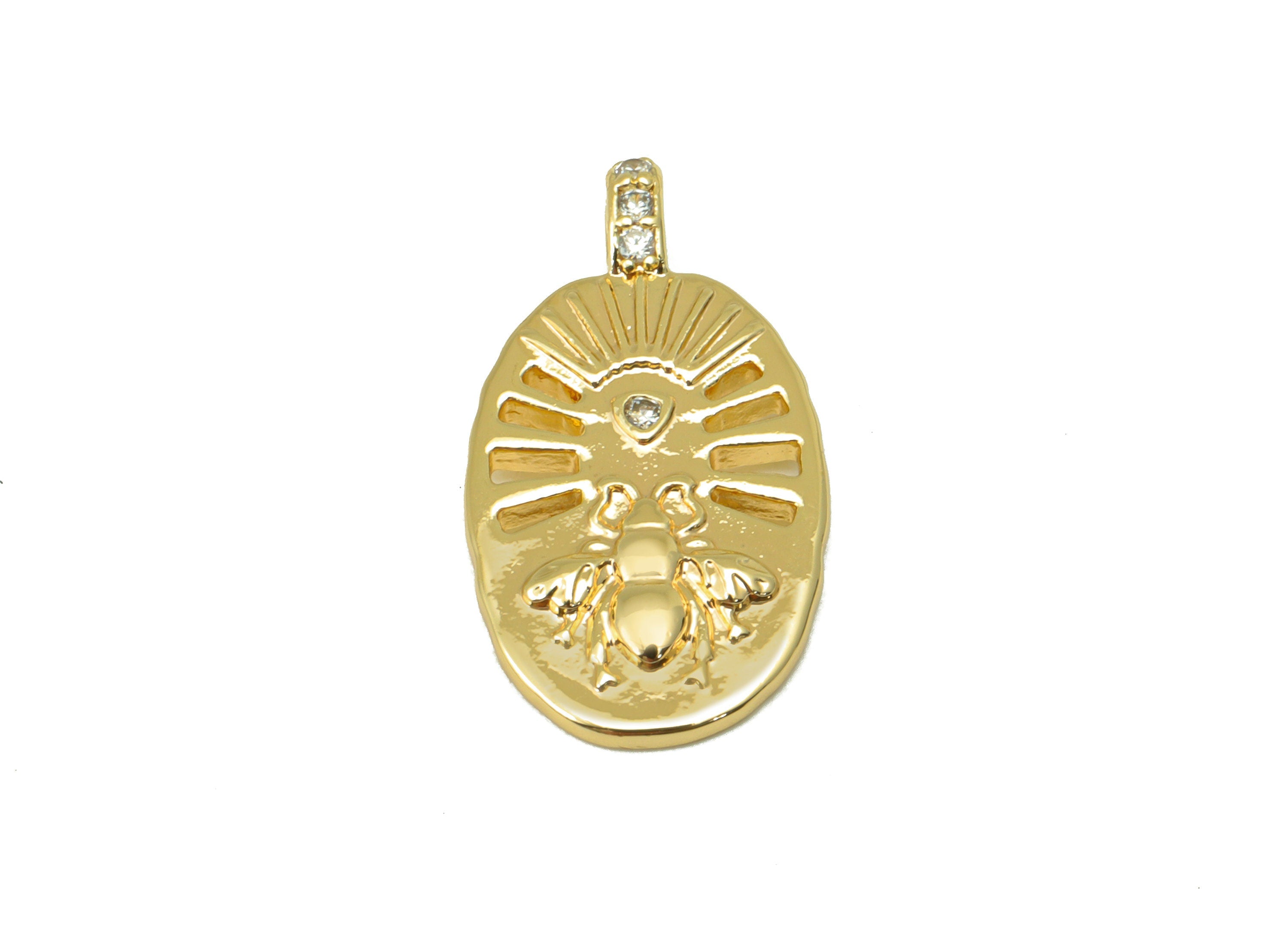 Brass Ellipse Earring - Hollow Bee Charm - Cubic Zirconia Pendant - CZ Animal - For Necklace -18k Real Gold Plated - 22x11.8x1.6mm - RGP6398 - DOMEDBAZAAR