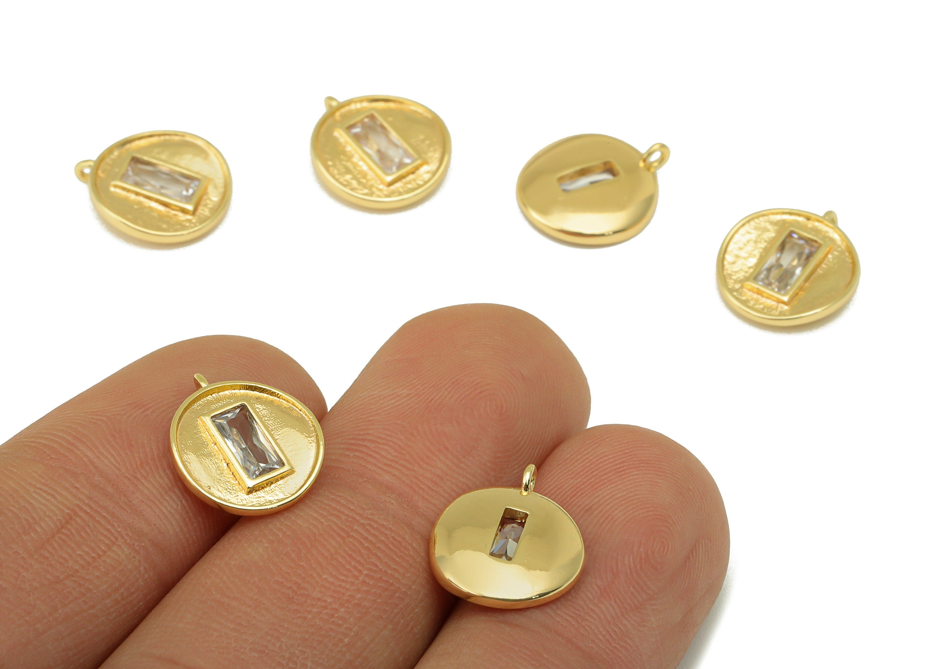Brass Bent Round Earring - Textured Emerald Charm - Cubic Zirconia Mini Pendant - For Necklace - 18k Real Gold Plated - 13x11x2mm- RGP6402 - DOMEDBAZAAR