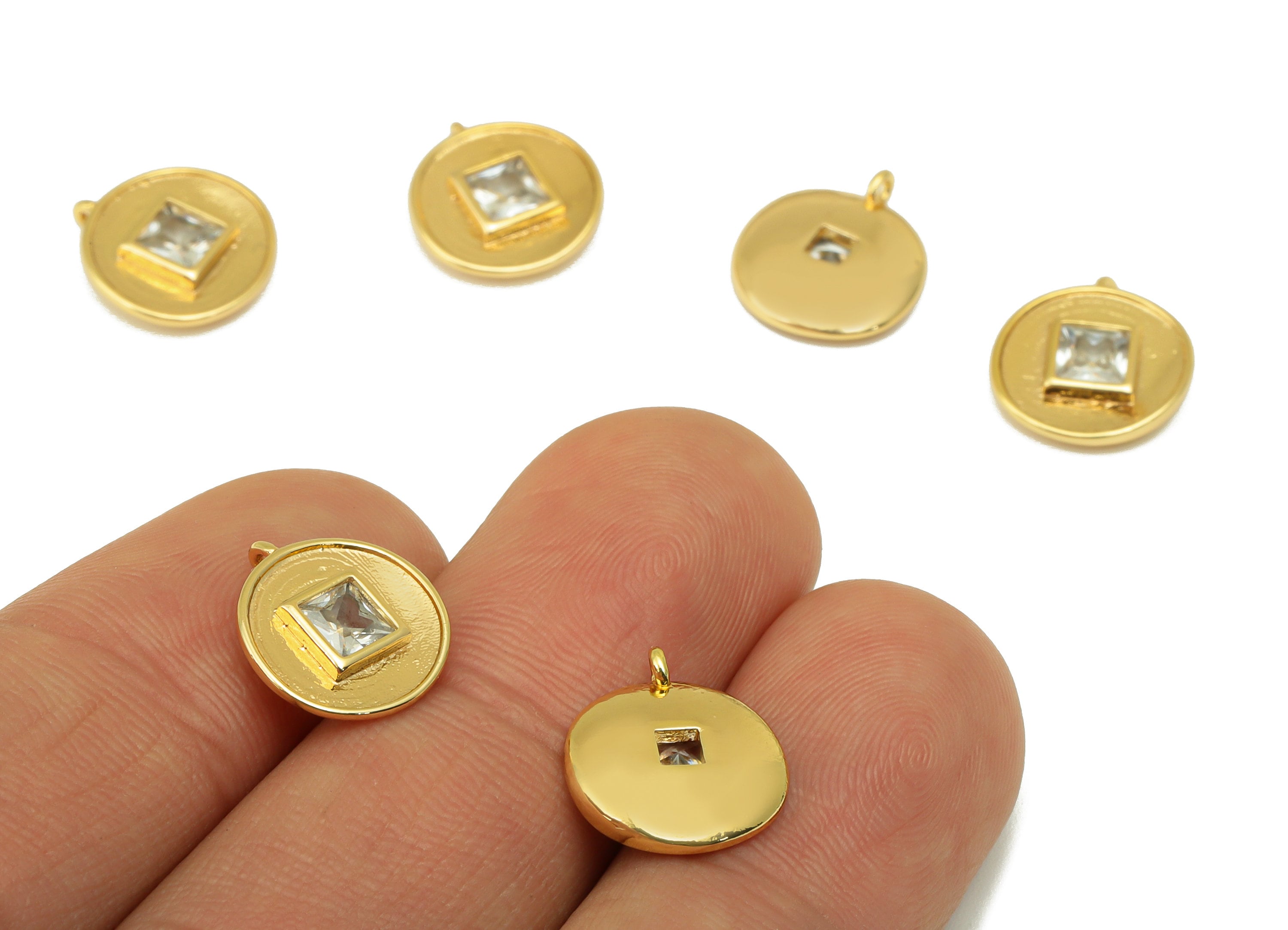 Brass Bent Round Earring - Textured Princess Charm - Cubic Zirconia Mini Pendant - For Necklace - 18k Real Gold Plated - 13x11x3mm- RGP6411 - DOMEDBAZAAR