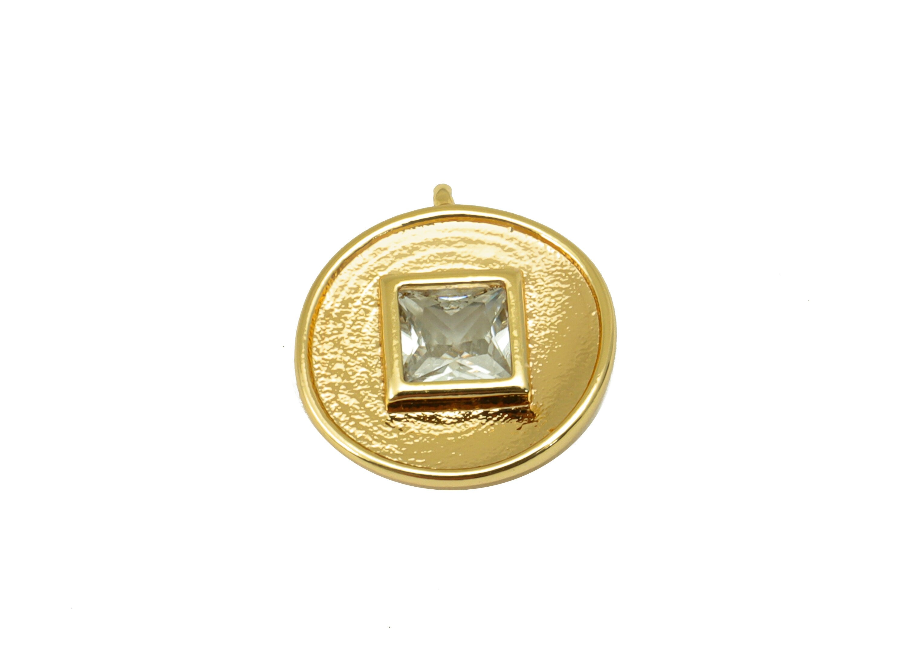 Brass Bent Round Earring - Textured Princess Charm - Cubic Zirconia Mini Pendant - For Necklace - 18k Real Gold Plated - 13x11x3mm- RGP6411 - DOMEDBAZAAR