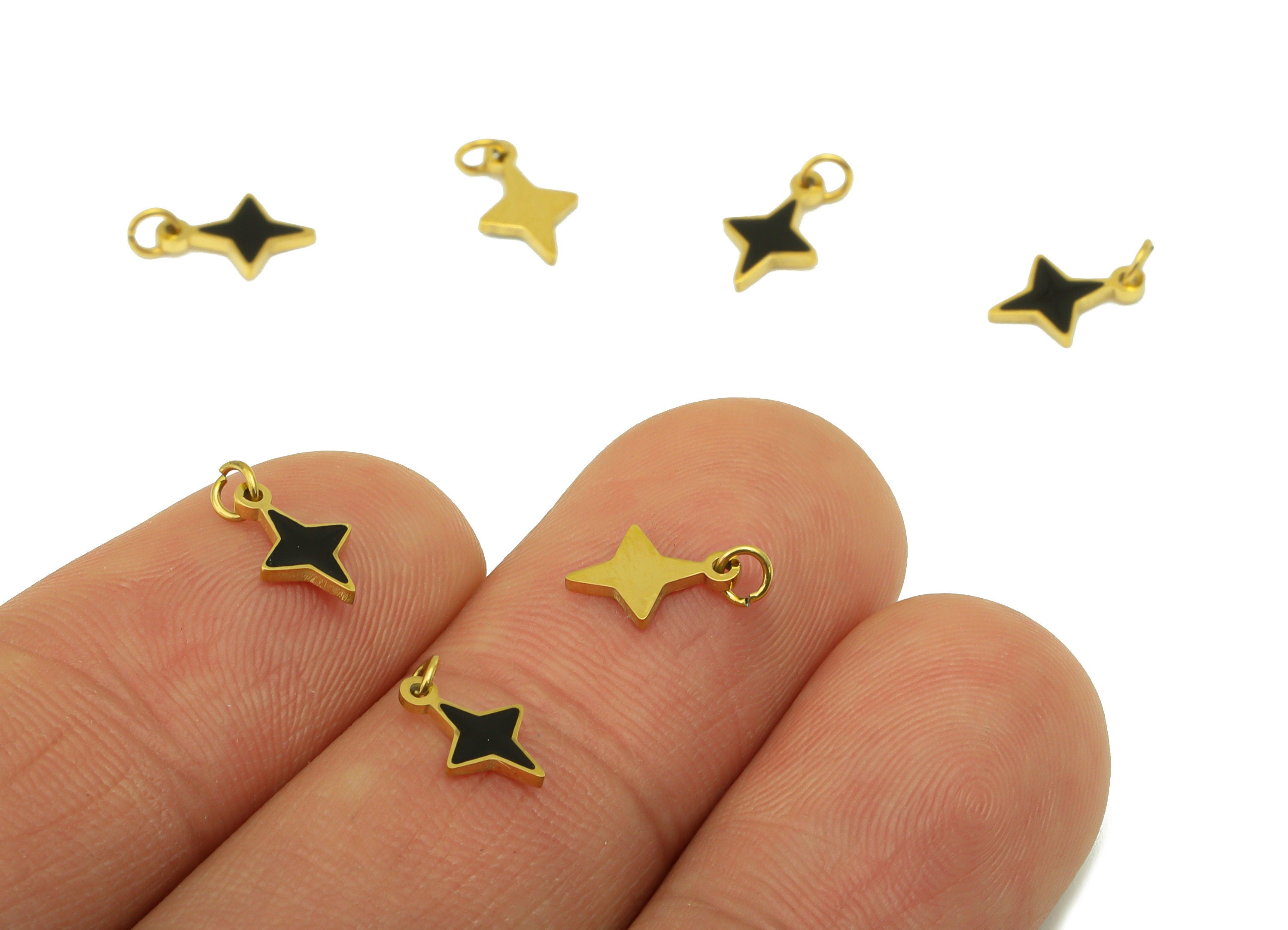 Stainless Steel Star Earring Charm - Black Enamel Pendant - For Necklace - Star Bracelet Charm - 18k Real Gold Plated - 11x6x 0.8mm- RGP6429 - DOMEDBAZAAR