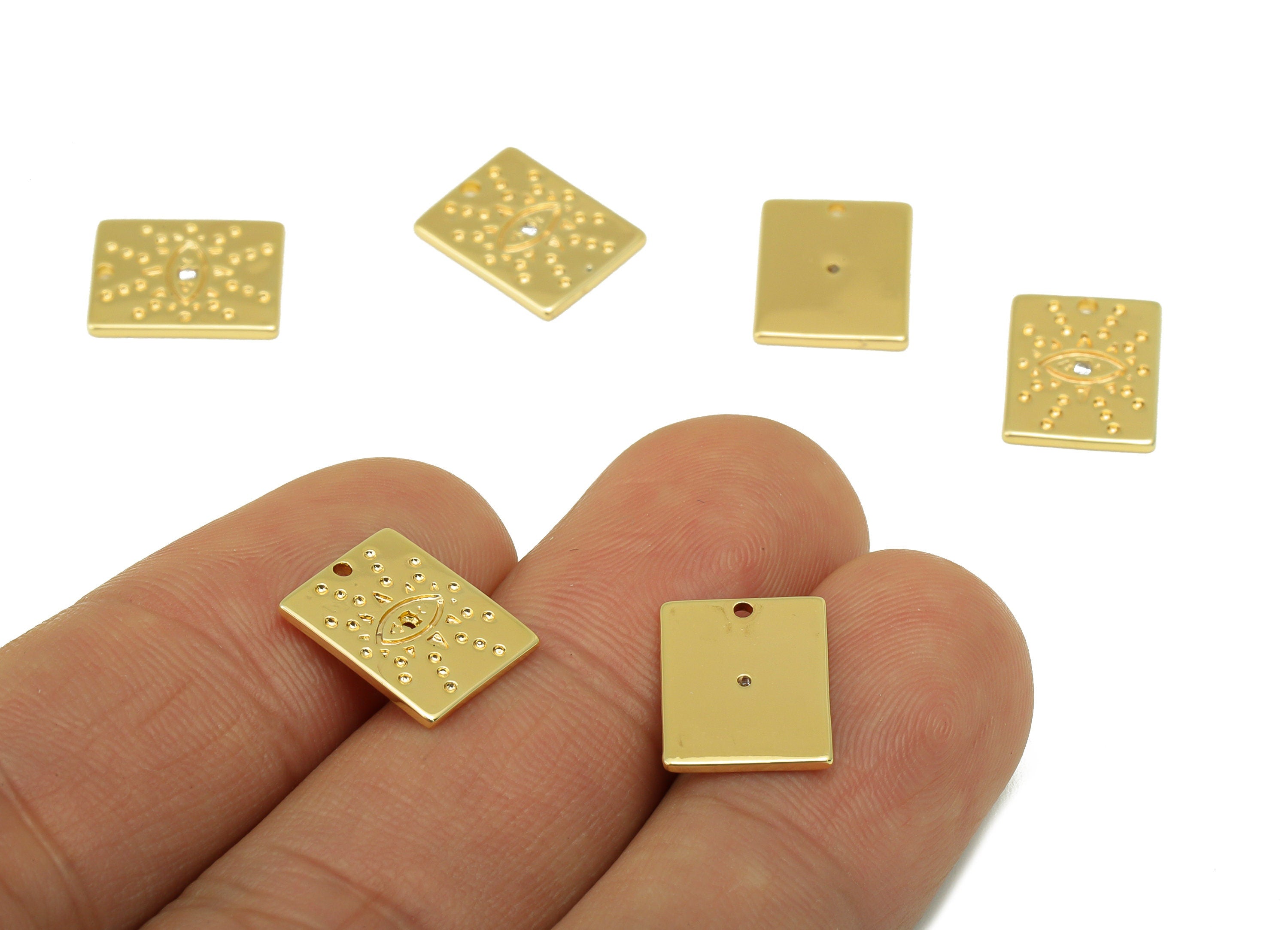 Brass Rectangle Earring - Brass Cubic Zirconia Eye Charm - CZ Dot Pendant - For Necklace -18k Real Gold Plated -12.5x10x 1.01mm - RGP6451 - DOMEDBAZAAR