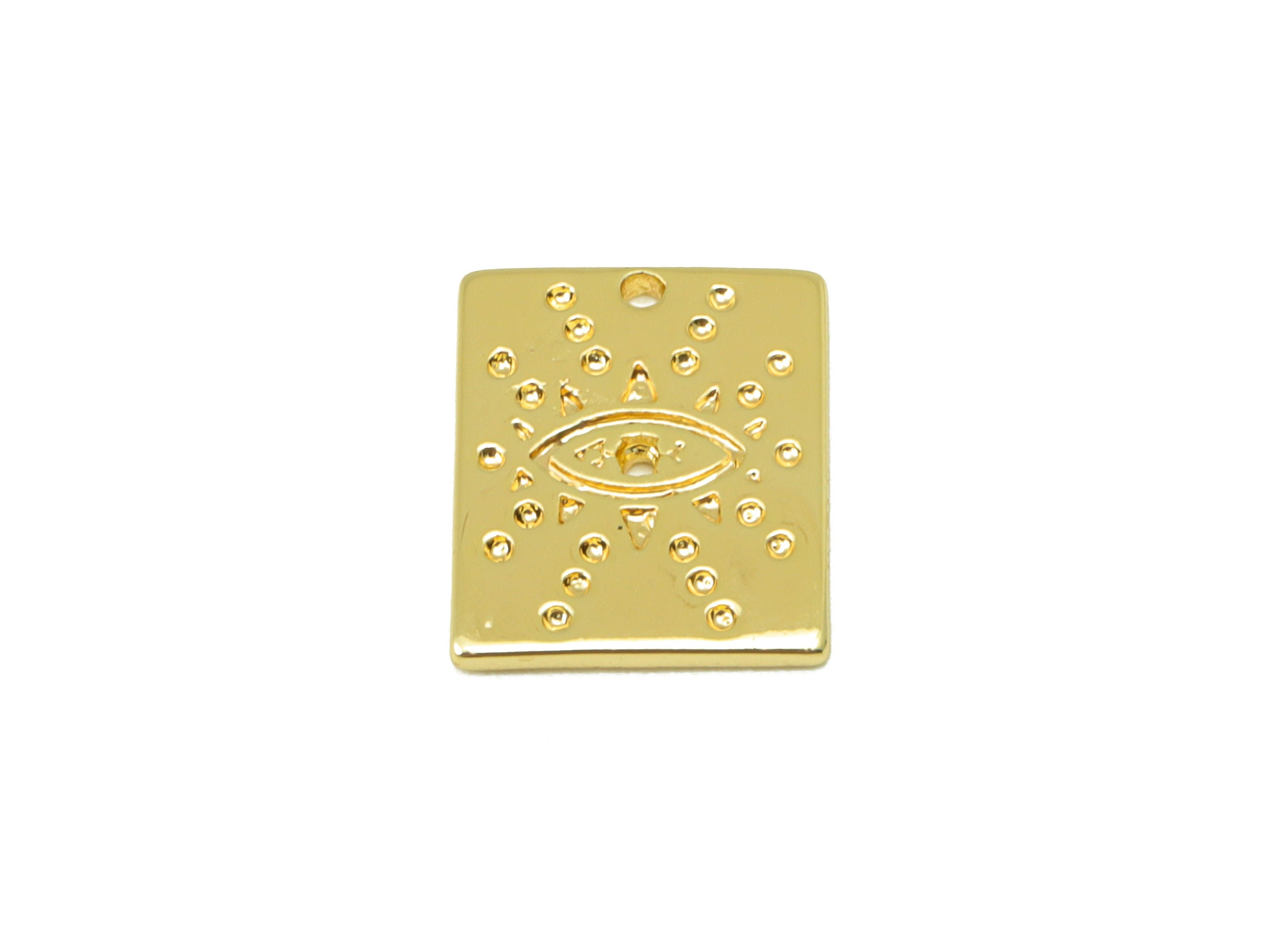 Brass Rectangle Earring - Brass Cubic Zirconia Eye Charm - CZ Dot Pendant - For Necklace -18k Real Gold Plated -12.5x10x 1.01mm - RGP6451 - DOMEDBAZAAR