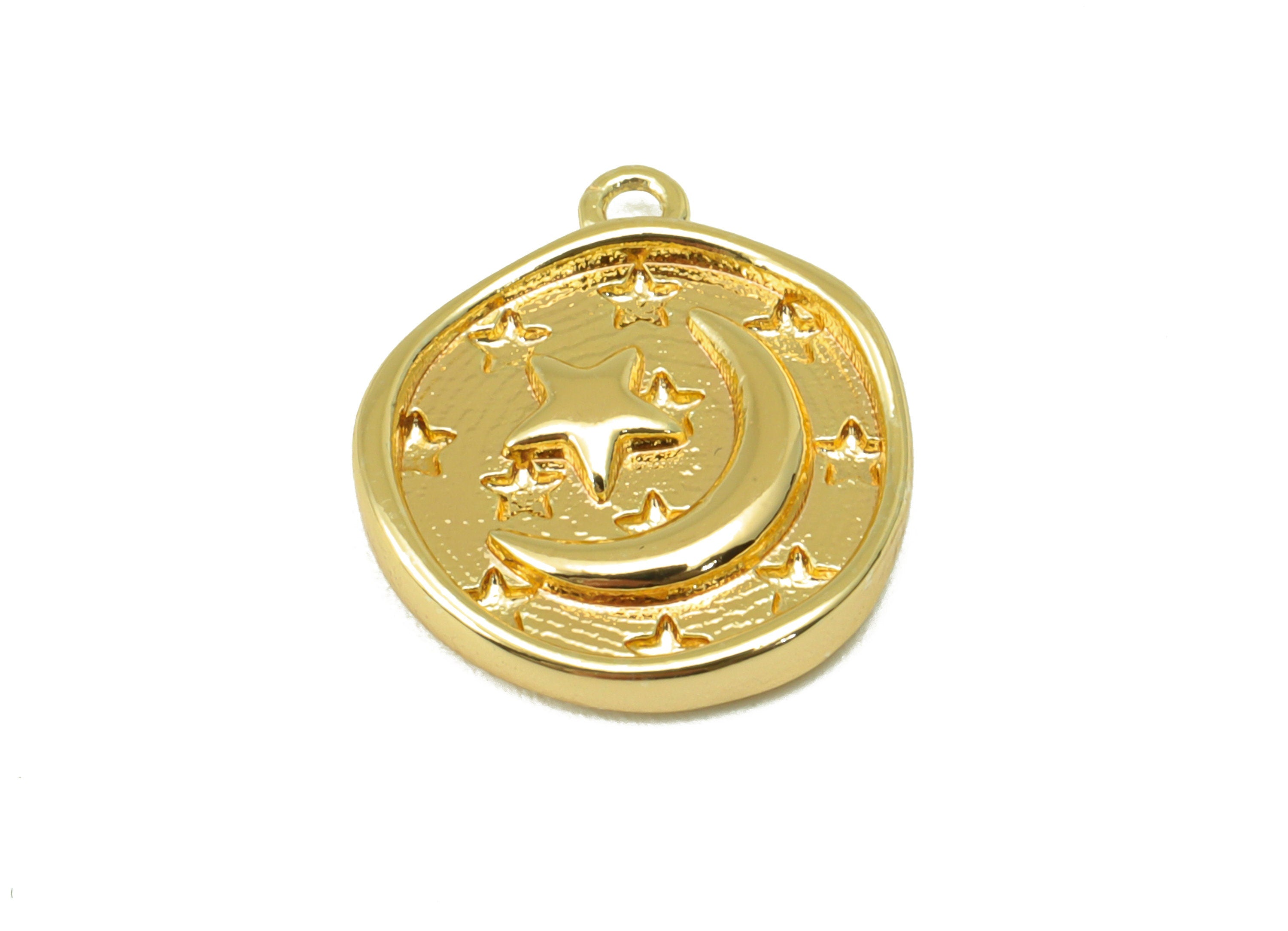 Brass Round Earring - Brass Crescent Charm - Brass Textured Star Pendant - For Necklace - 18k Real Gold Plated - 17x14mm x 2.5mm - RGP6454 - DOMEDBAZAAR