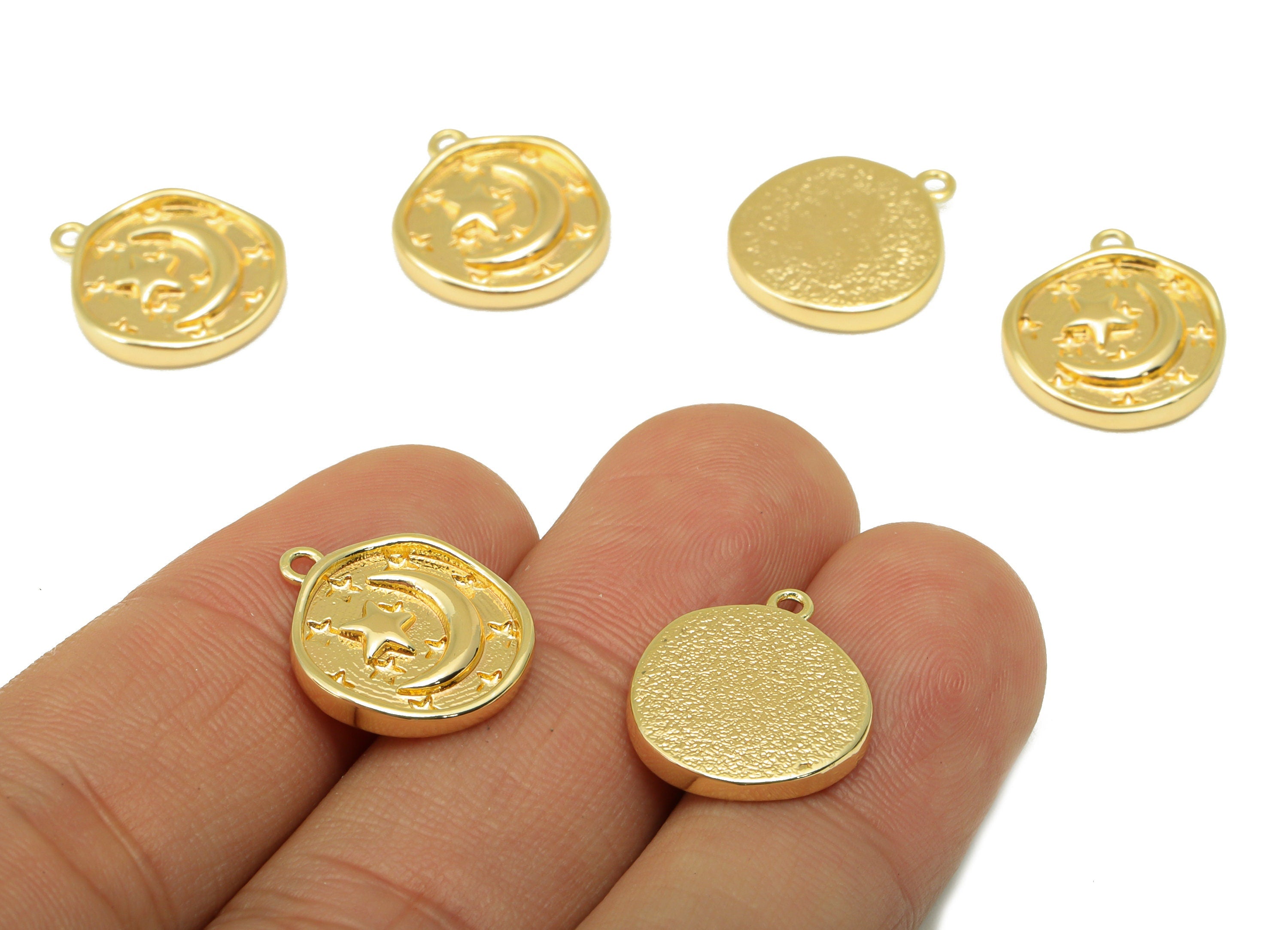 Brass Round Earring - Brass Crescent Charm - Brass Textured Star Pendant - For Necklace - 18k Real Gold Plated - 17x14mm x 2.5mm - RGP6454 - DOMEDBAZAAR