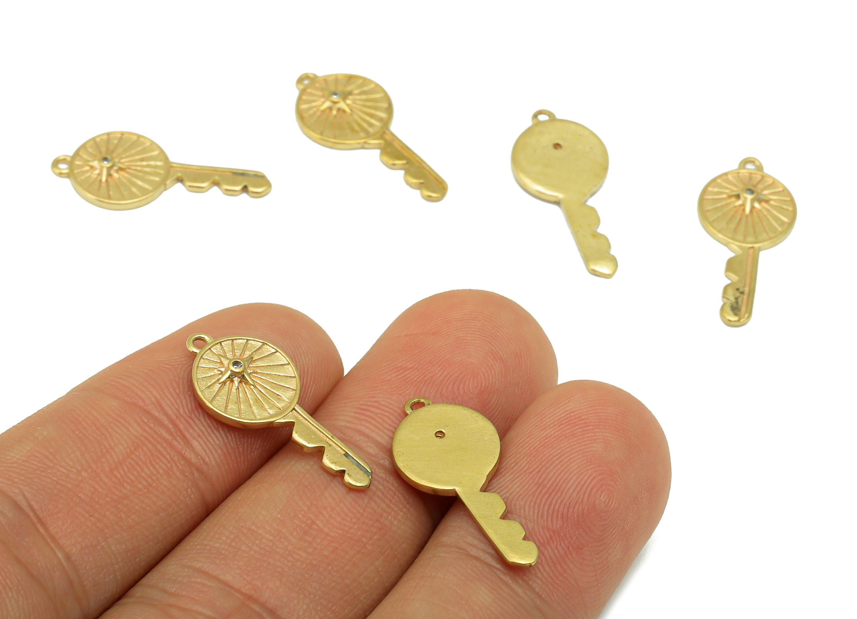 Brass Key Earring Charms - Raw Brass Key Pendant - CubicZircons - Jewelry Supplies - 22x 10x 1.91mm - PP8438 - DOMEDBAZAAR