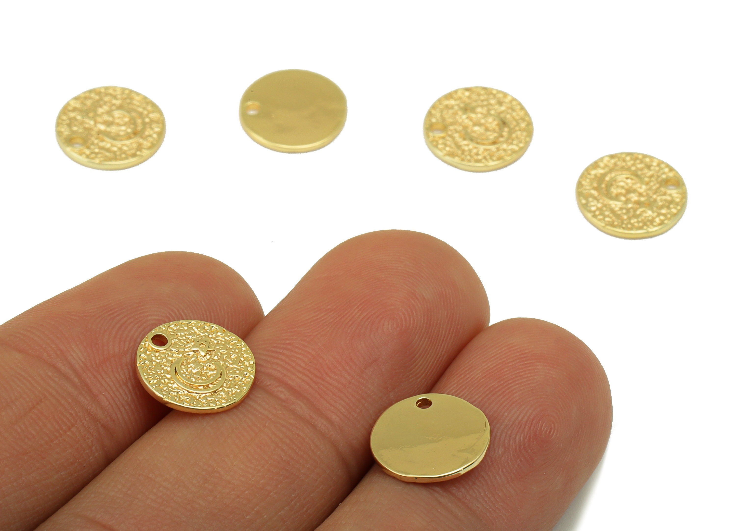 Brass Round Earring - Brass Crescent Star Charm - Textured Star Pendant - For Necklace - 18k Real Gold Plated - 10.56x10.56x0.87mm - RGP6477 - DOMEDBAZAAR