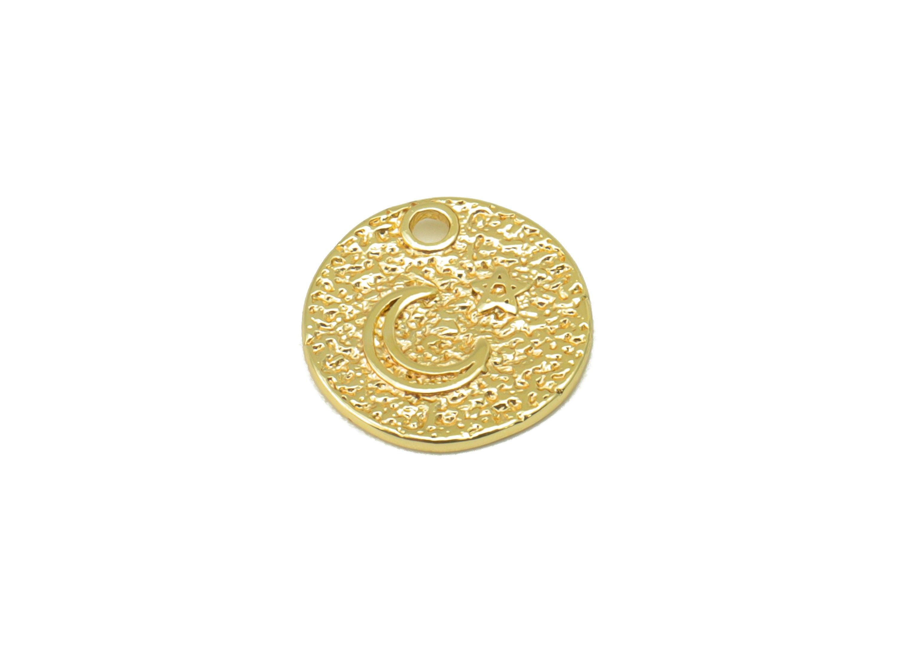 Brass Round Earring - Brass Crescent Star Charm - Textured Star Pendant - For Necklace - 18k Real Gold Plated - 10.56x10.56x0.87mm - RGP6477 - DOMEDBAZAAR